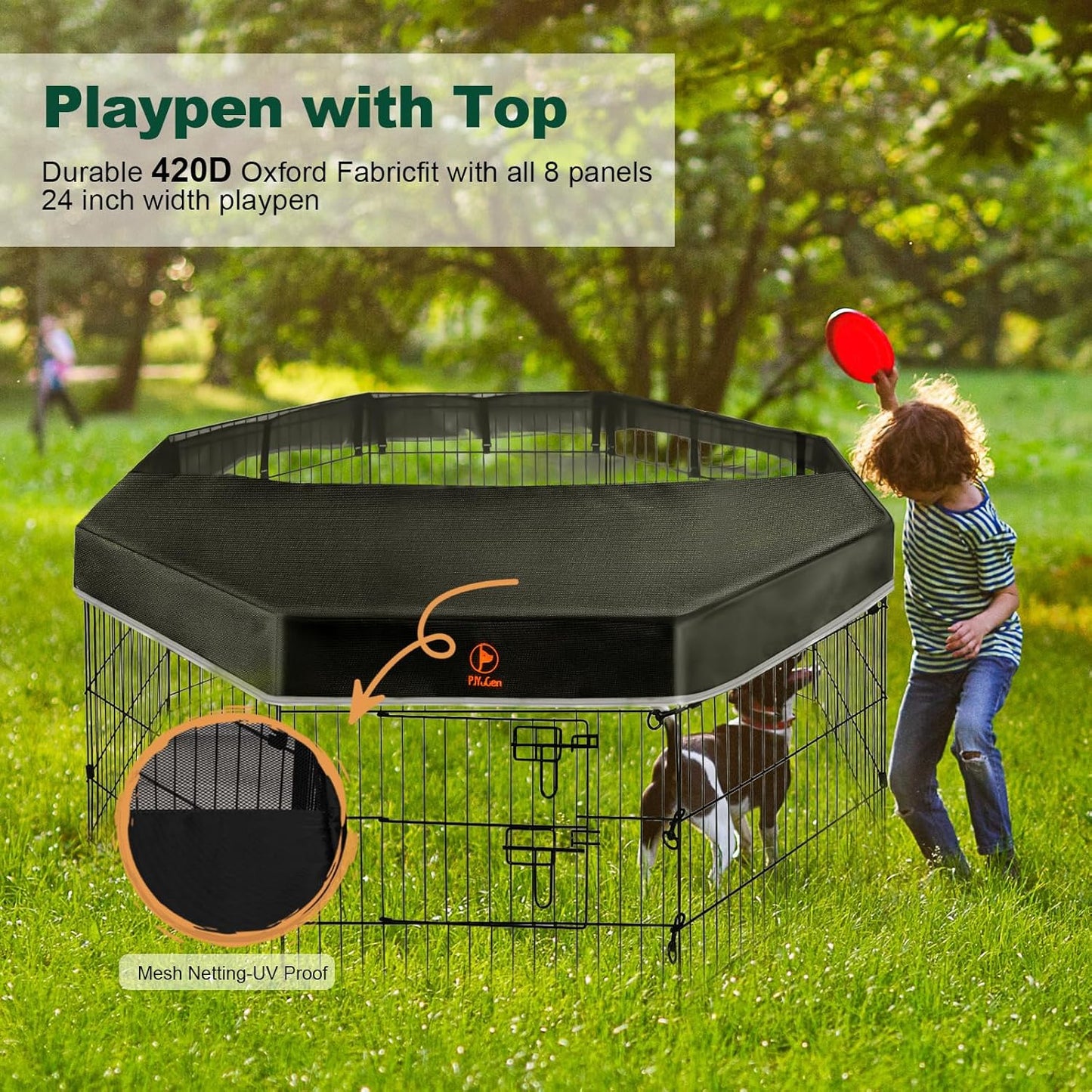 PJYuCien Dog Playpen with Top Cover and Bottom Pad - Metal Foldable Exercise Pen, 8 Panels 42" H x 24" W Indoor Outdoor Pet Fence Puppy Crate Kennel, Black
