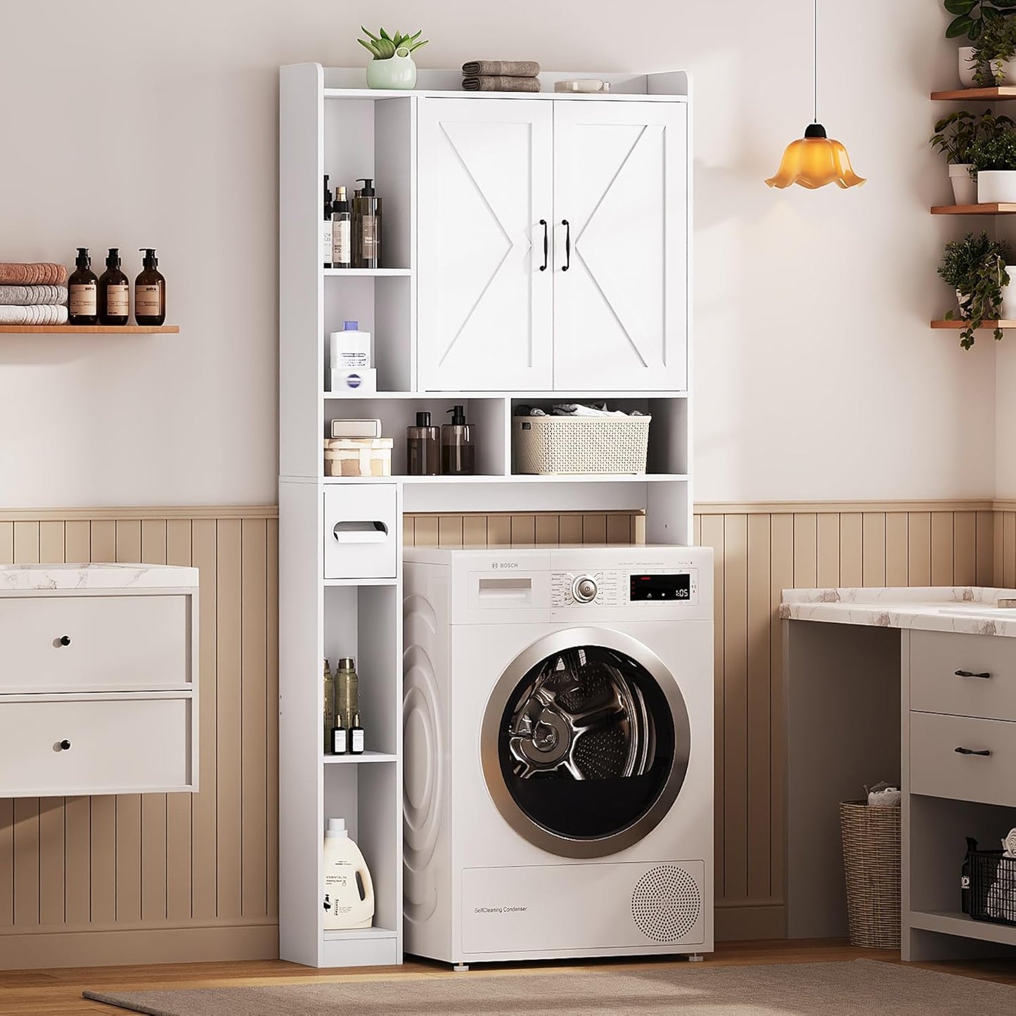 Over the Toilet Storage Cabinet, 31”W Bathroom Organizer with Double Doors, Above Toilet Rack, Detachable Toilet Paper Holder for Bathroom & Laundry Room White