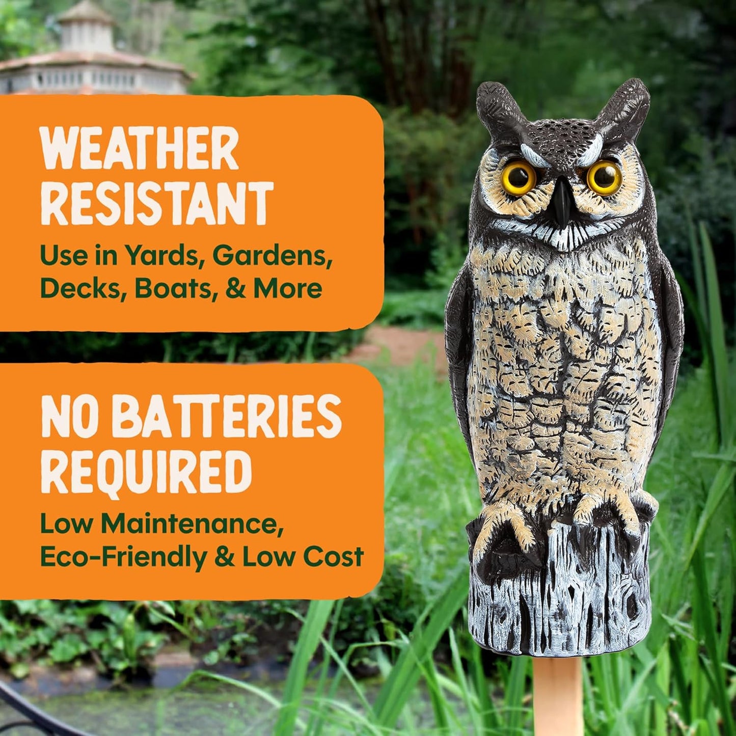 Dalen Large Fake Owl Decoy to Scare Birds Away - 16 in Hand-Painted Great Horned Owl Garden Scarecrow for Natural Pest Control - Fixed Head Design - Secure Upright by Filling with Sand/Gravel Only