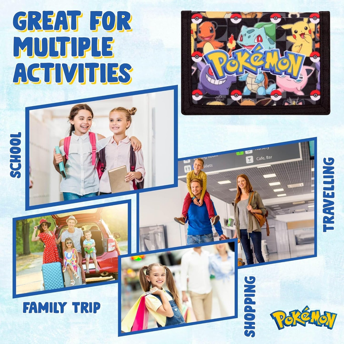 Pokemon Wallet for Boys and Girls, Kids Trifold Purse Canvas Wallets with Zip, Coin and Card Holder - Featuring Charmander & Pikachu