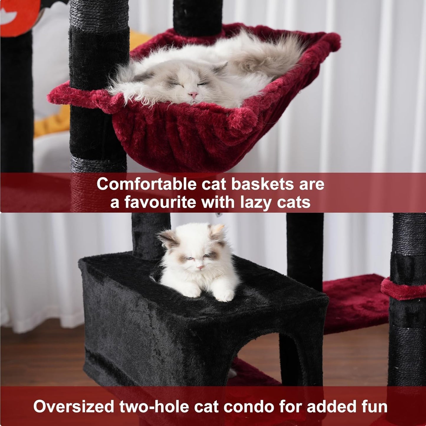 Heybly Cat Tree 92.5-104.3 Inches with Hammock, Floor to Ceiling Gothic Cat Condo, Tall Cat Climbing Tower Adjustable with Scratching Posts for Indoor Cats, Black and Red HCT091BR