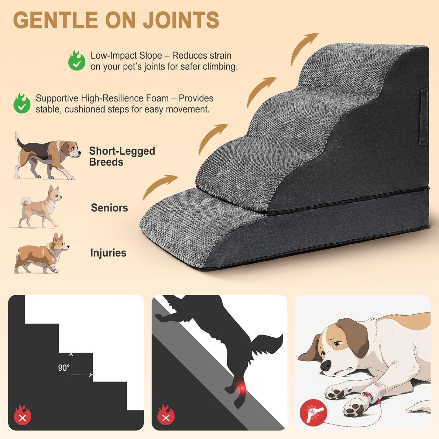 Dog Stairs for Small Dogs, Puppy, Older Cat, High Density Foam Pet Ramp for Sofa, Couch and Bed, 2-in-1 Convertible Dog Steps(3-Step & 4-Step)