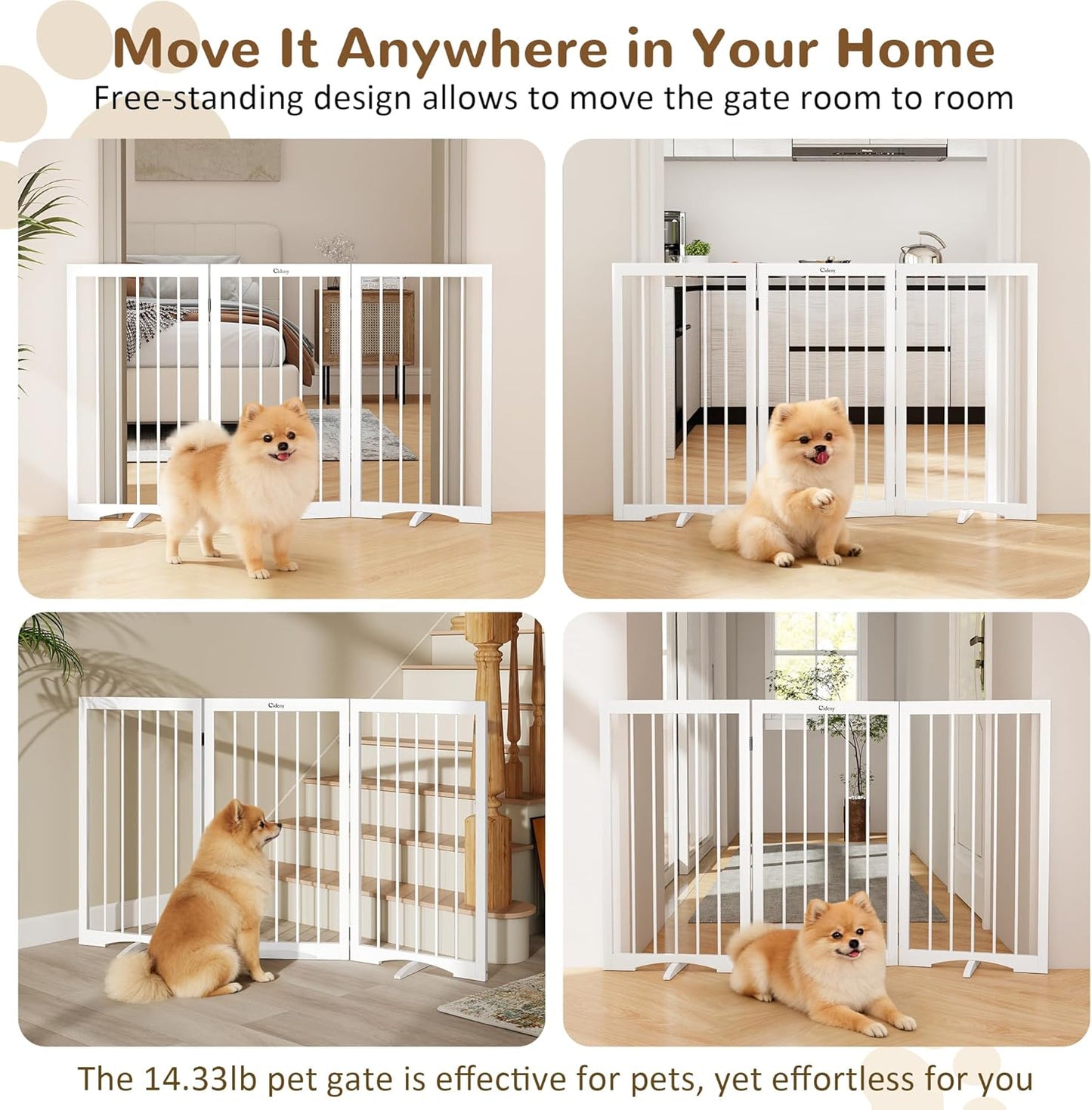 32" Extra Tall Freestanding Dog Gate, Foldable Pet Gate for Doorways Stairs Hallways, 3-Panel Dog Fence with Support Feet for Stability, Folding Puppy Gate Easy to Carry No Drilling 54"x32"
