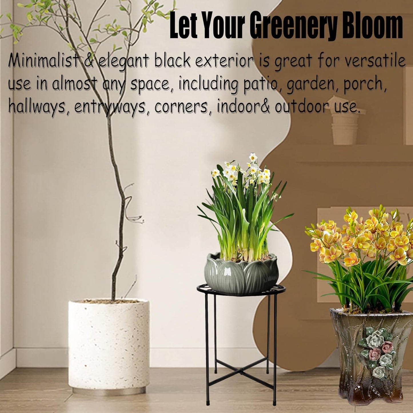 Plant Stand, 15'' Tall Indoor Outdoor Set of 1, Retro Design Round, Rust-Proof Coated Metal Pot Stand for Flowers, Patio Garden Home Decor - Black