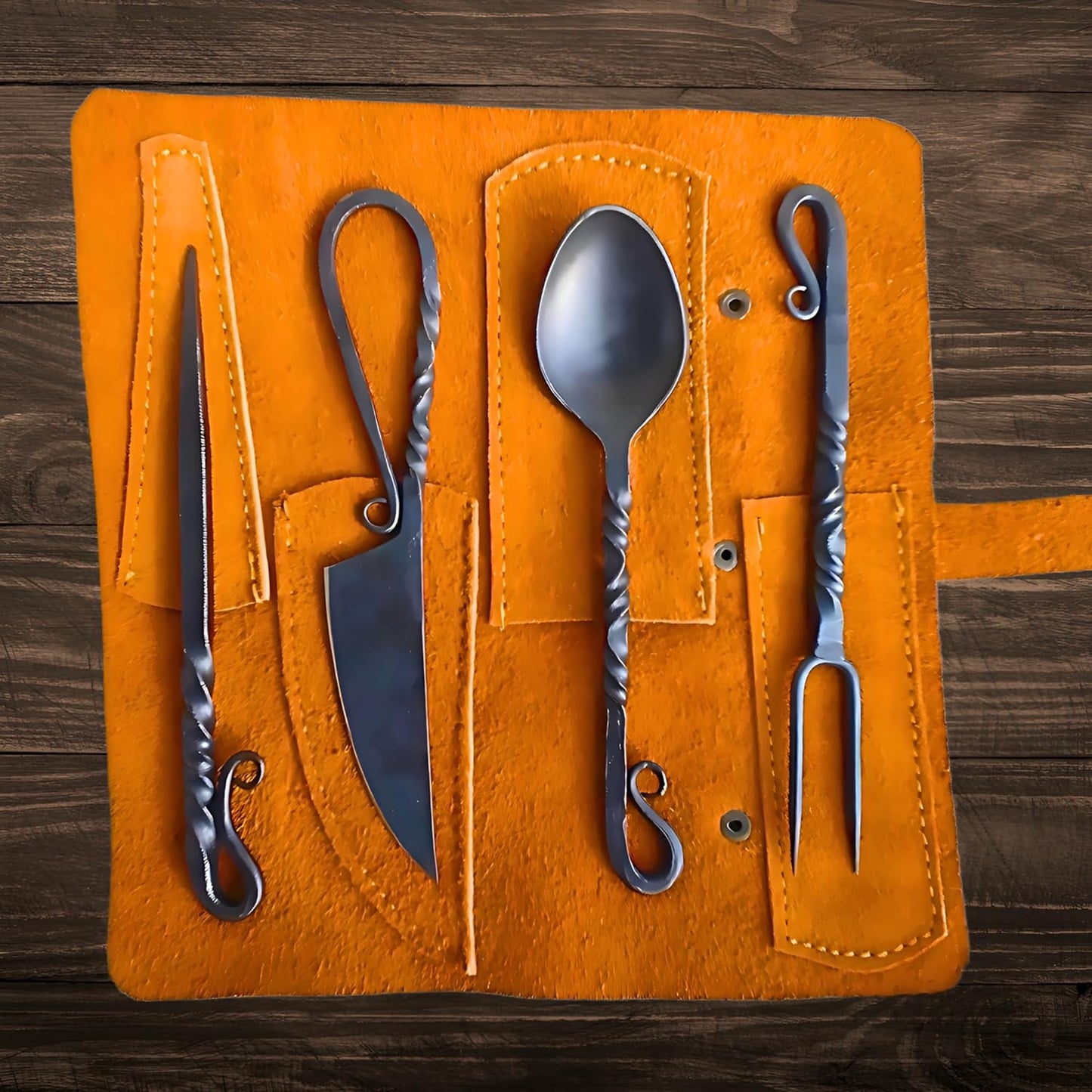 Hand Forged Medieval Cutlery Set- 4 Pcs Viking Utensils Set Fork Spoon And Knife Set- Medieval Silverware Set with Leather Cover- Viking Camping Utensils, Medieval Decor, Gifts (Black)