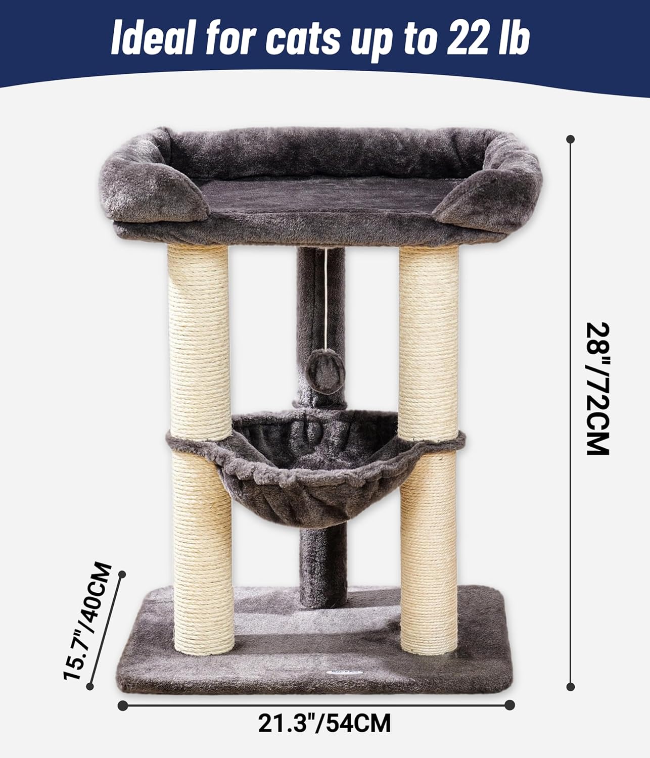 Happi N Pets 28" Cat Tree Tower, Tall Cat Scratching Post with Soft Perch for Window Viewing, Large Bed for Big Cats, Stable & Compact Cat Tower with Hammock, Removable Cover-Gray
