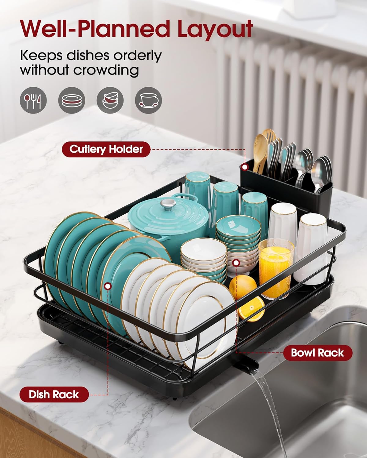 Stainless Steel Dish Drying Rack for Kitchen Counter, Sink Organization and Storage Essentials with Silverware & Utensil Holder, Home and Apartment Decor, 12''W x 15.5''L, Black