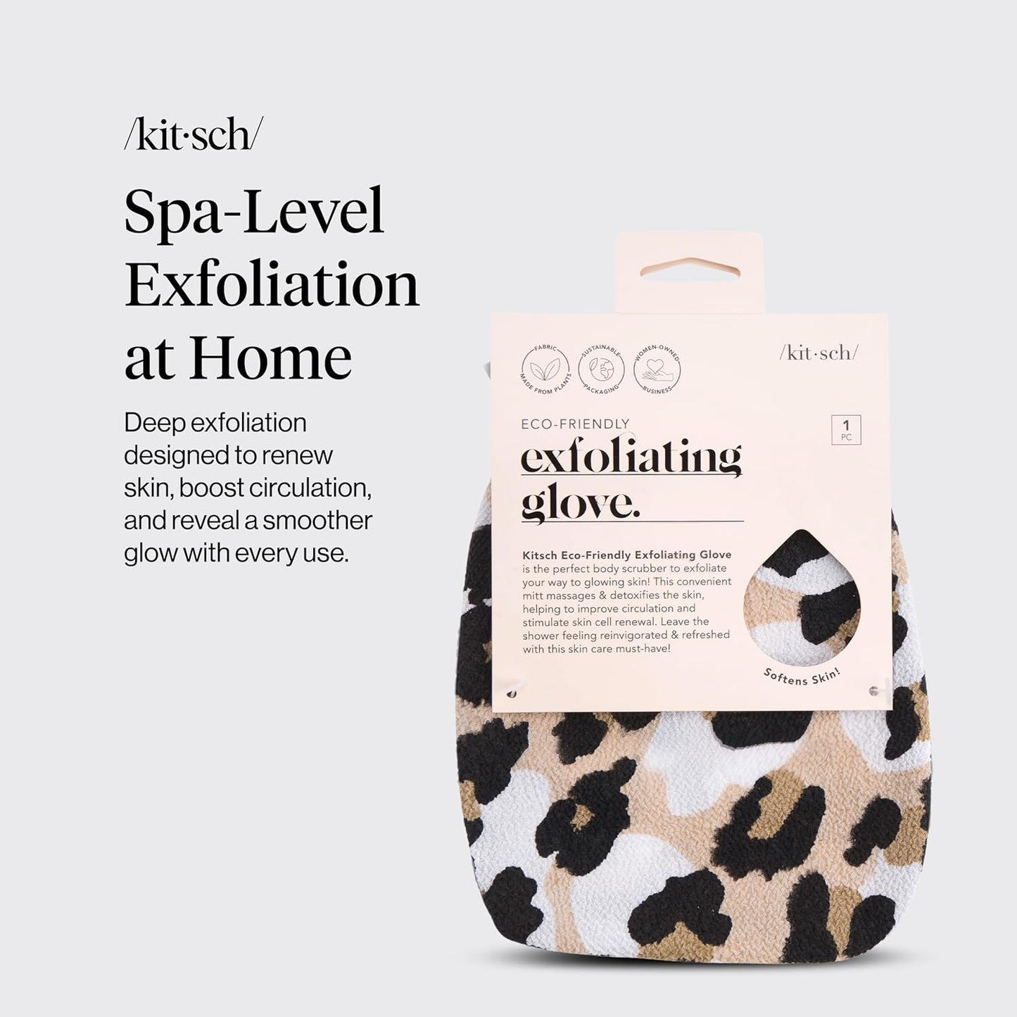 Kitsch Exfoliating Glove 1pc – Korean Exfoliating Mitt & Deep Exfoliating Body Scrubber for Shower, Bath | Body Exfoliator Glove, Dead Skin Remover | Skin Care for Smooth Skin - Leopard