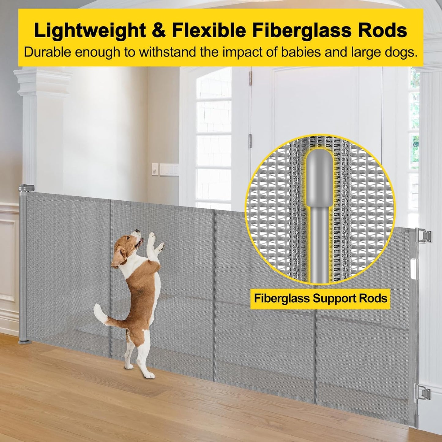 Reinforced 42” Extra Tall x 80” Wide Retractable Baby Gates with Rods to Prevent Crawling Through, Extra Tall Dog Gate for Large Openings Indoor Long Mesh Pet Gate for Stairs and Doorways, Gray