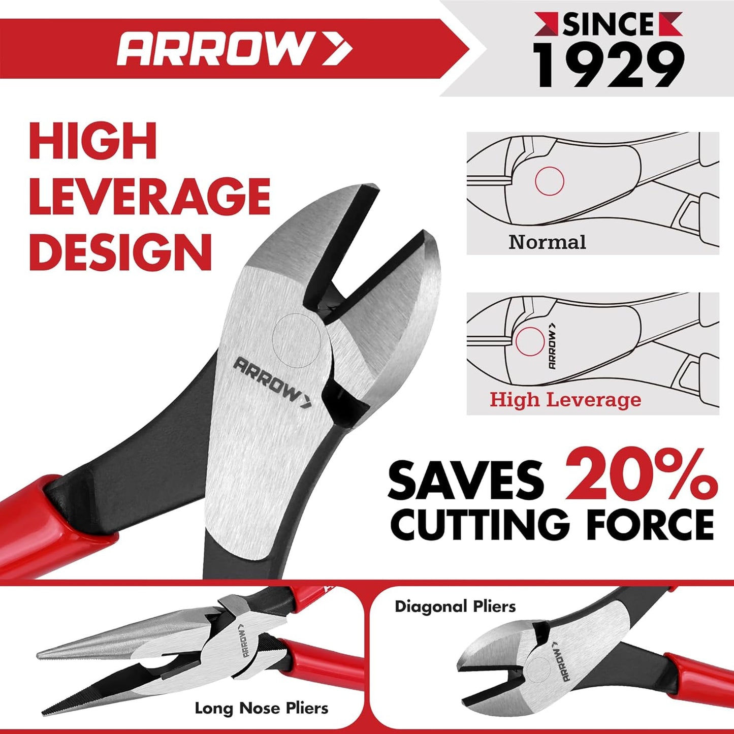 ARROW 5PCS Pliers Set, 6" Slip Joint, 7" Diagonal, 8" Needle Nose Pliers, 8"&10" Groove Joint with Non-slip Handle, Portable Rolling Bag With Handle, Premium Carbon Steel