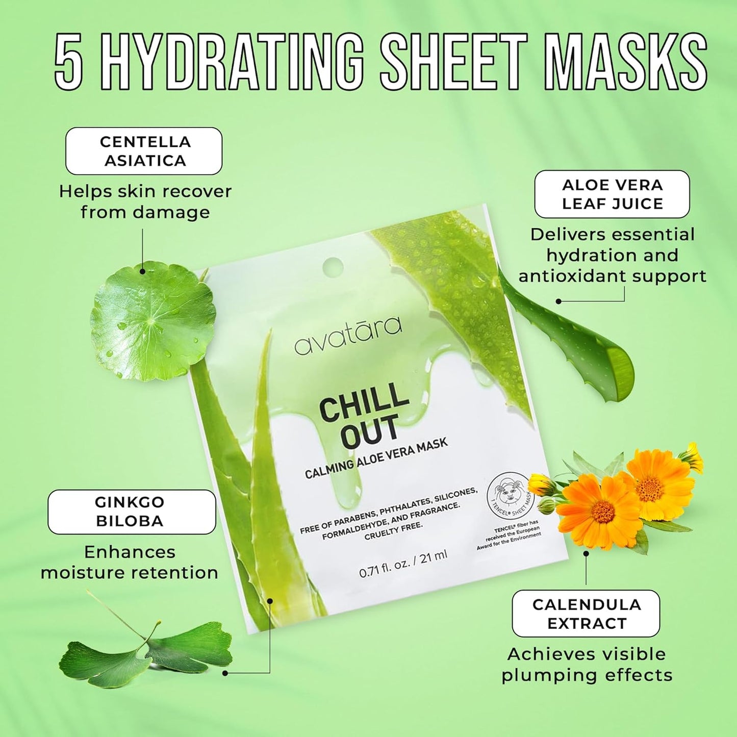 Avatara Chill Out Facial Mask 5 Sheets, Hydrating Mask, Sheet Masks, Face Mask Skincare Beauty Essential Made with Hydrating Hyaluronic Acid & Moisturizing Aloe, for Stressed-Out Skin, 5 Pack