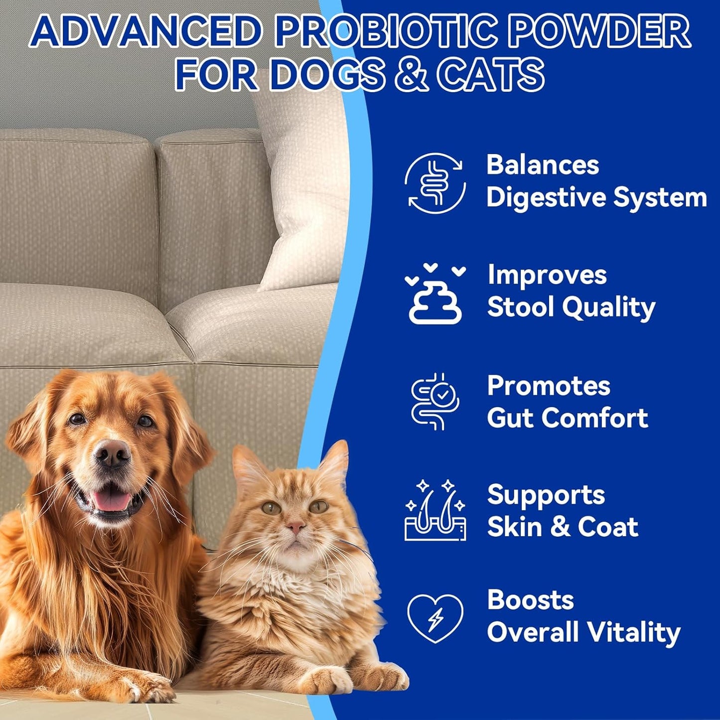 Probiotic Powder for Dogs and Cats - 5-in-1 Formula Supports Gut Health, Digestion and Immune System - with Digestive Enzymes and Pumpkin - Natural Chicken Flavor, 150g