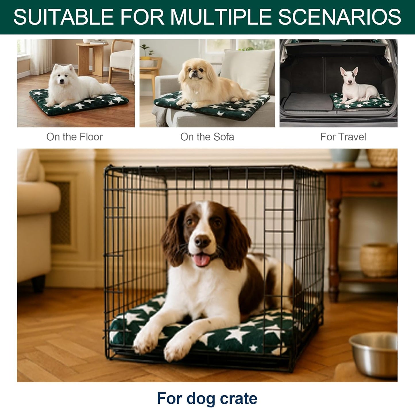 Washable Dog Bed Mat with Anti-Slip Bottom, Deluxe Plush Memory Foam Crate Pad & Waterproof Outdoor Kennel Mat for Dogs & Cats-Durable Crates Beds, Large Medium Small Puppy Size36 x 24",Green