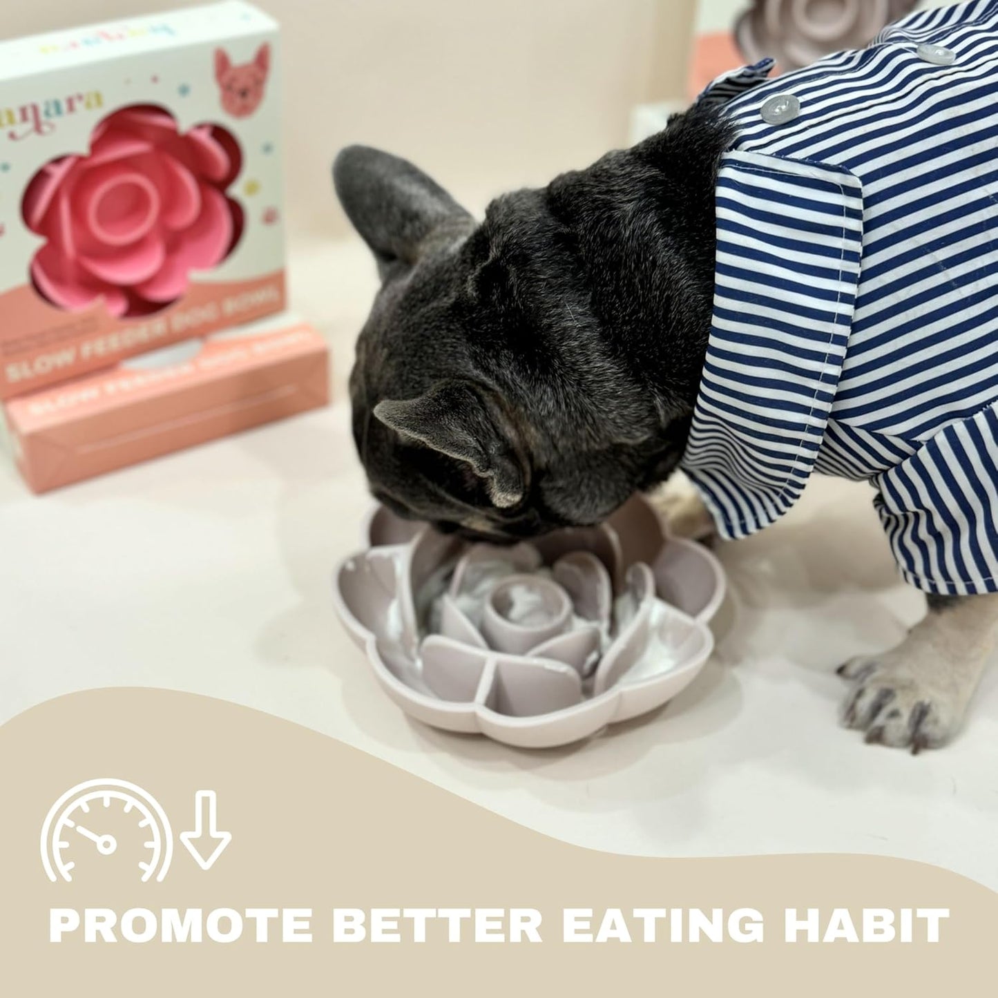 Hanara Sillicone Slow Feeder Dog Bowls & Lick Mat with Suction Bottom | Rose Petals Design | Promotes Better Digestion, Prevent Choking | Dish Washer Safe | Great Size for All Breed (Peach Beige)