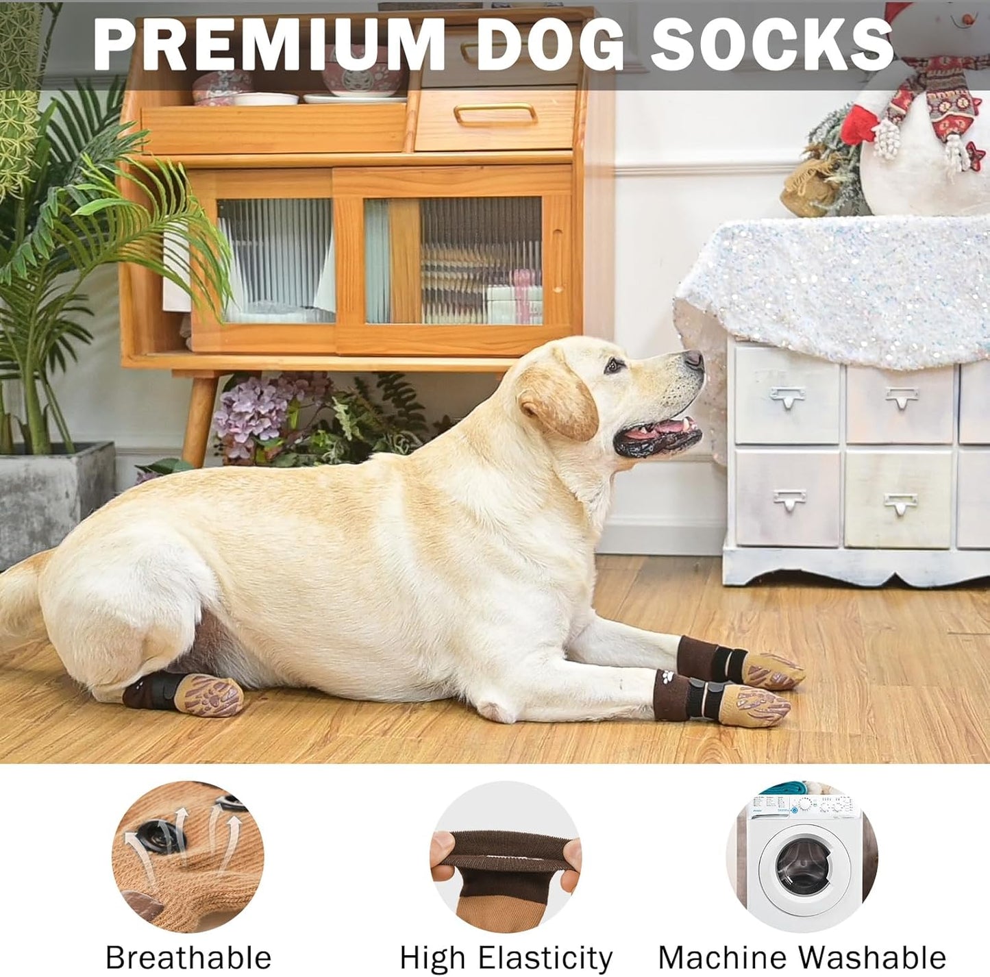 SCENEREAL Dog Socks with Grippers to Prevent Licking Paws for Hardwood Floors, 6 PCS Anti Slip Dog Grippy Socks for Senior Dogs, Winter Anti Slip Dog Paw Socks for Small Medium Large Dogs, Khaki S
