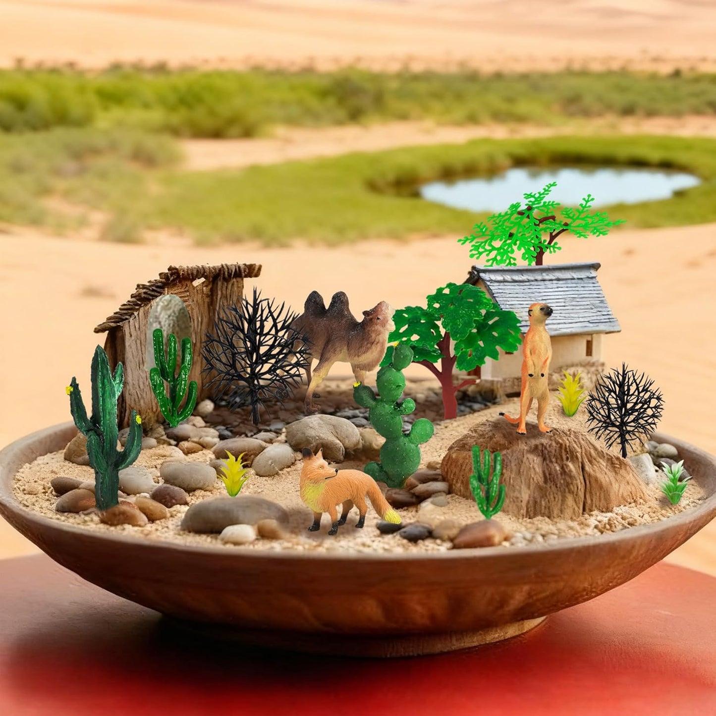 MOMOONNON 34pcs Desert Animal Figures Mixed Diorama Model Plants Artificial Animals with Camel Fox Meerkatz Gazelle for Crafts Building Model Desert Scenery Landscape Supplies