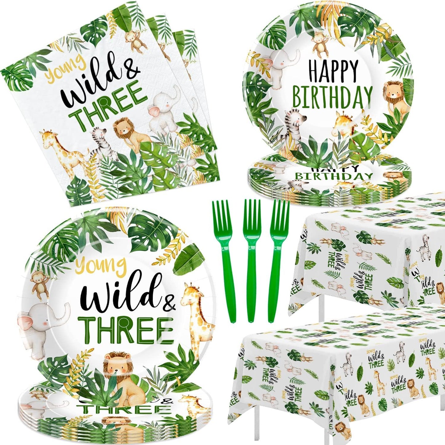 Jungle Animal 3rd Birthday Party Supplies - Young Wild And Three Decorations Tableware, Paper Plate, Napkin, Tablecloth, Fork, Safari 3-Year-Old Birthday Decorations Dinnerware | Serves 24