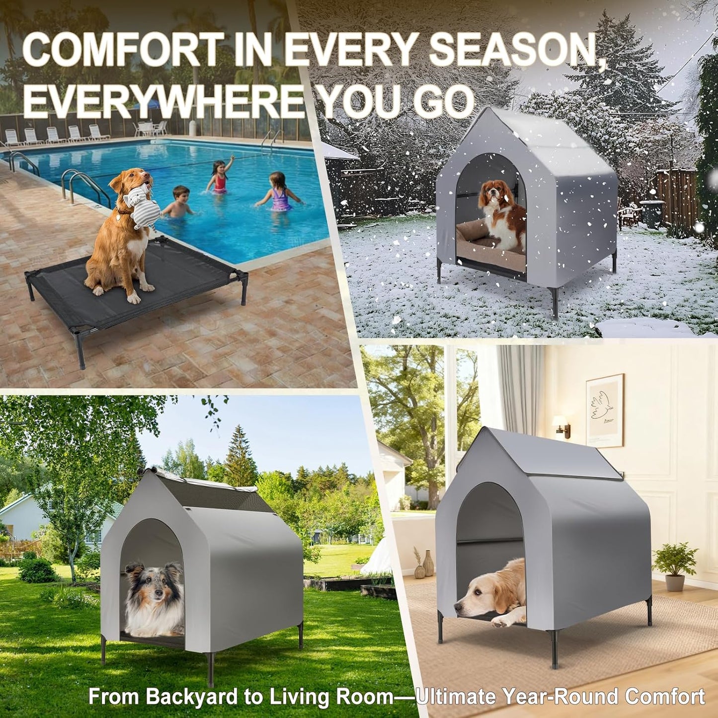 49" Large Elevated Dog House for Outdoor & Indoor Use, Weatherproof 600D PVC Fabric, Breathable Mesh Windows, Textilene Elevated Dog Bed, Easy Clean Dog Cot for Large Dogs