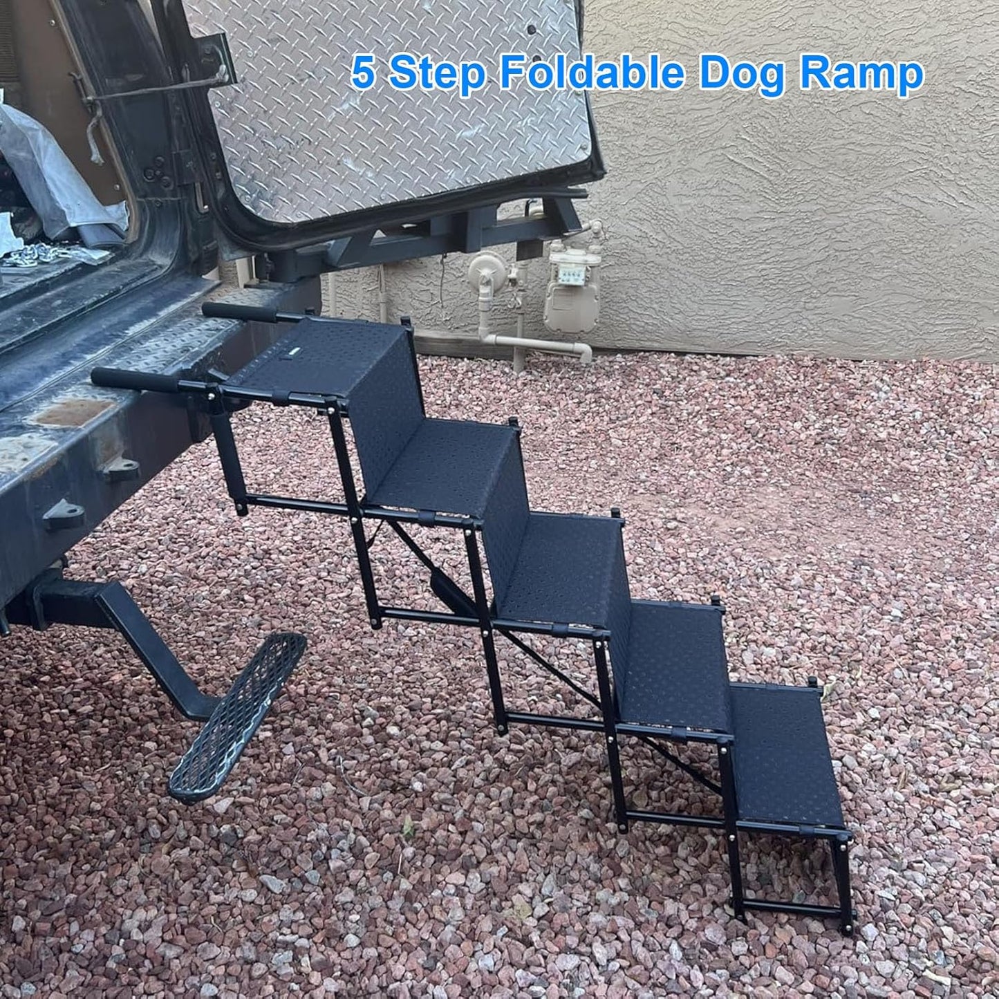 Luqeeg Foldable Dog Ramp, 5 Step Portable Dog Stairs, Non Slip Surface Wide & Gentle Slope Secure Fastening Pet Ladder Ramp with Soft Handles for SUV Truck High Bed Sofas