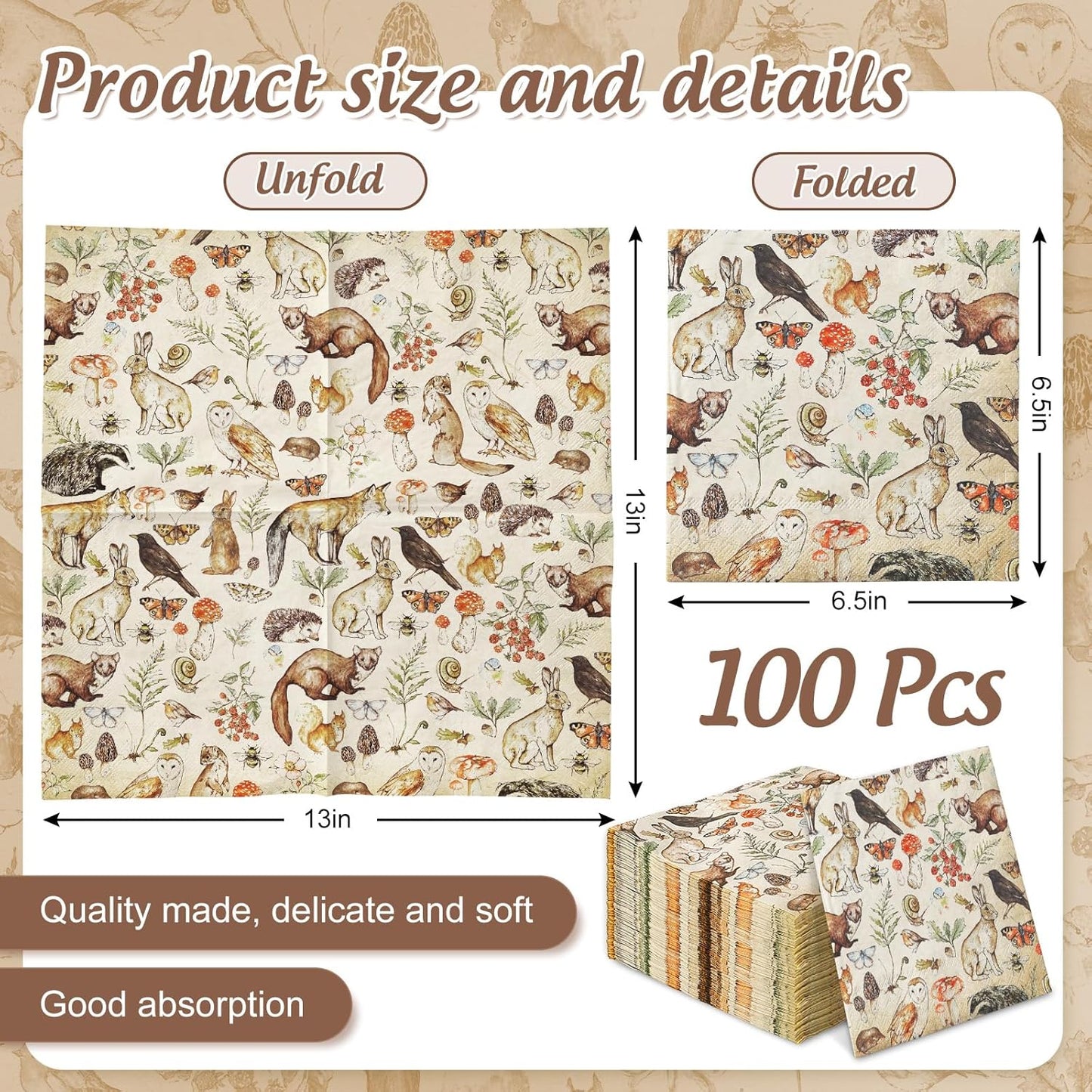100Pcs Vintage Animal Paper Napkins Fox Squirrel Rabbit Mushroom Luncheon Napkins Dinner Hand Napkin for Farmhouse Home Party Supplies Table Decor