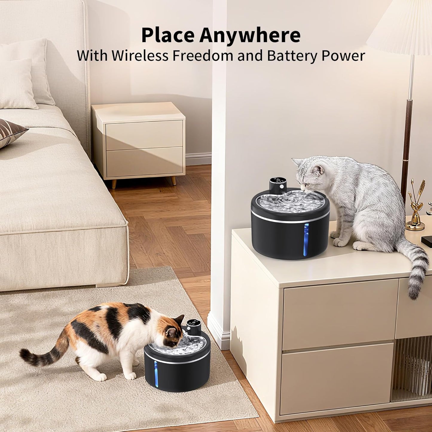 Cat Water Fountain Cordless, 108oz/3L Pet Fountains for Cats Indoor with Stainless Steel Tray, Battery Operated Cat Drinking Fountain with Motion Sens (Black) (Black)