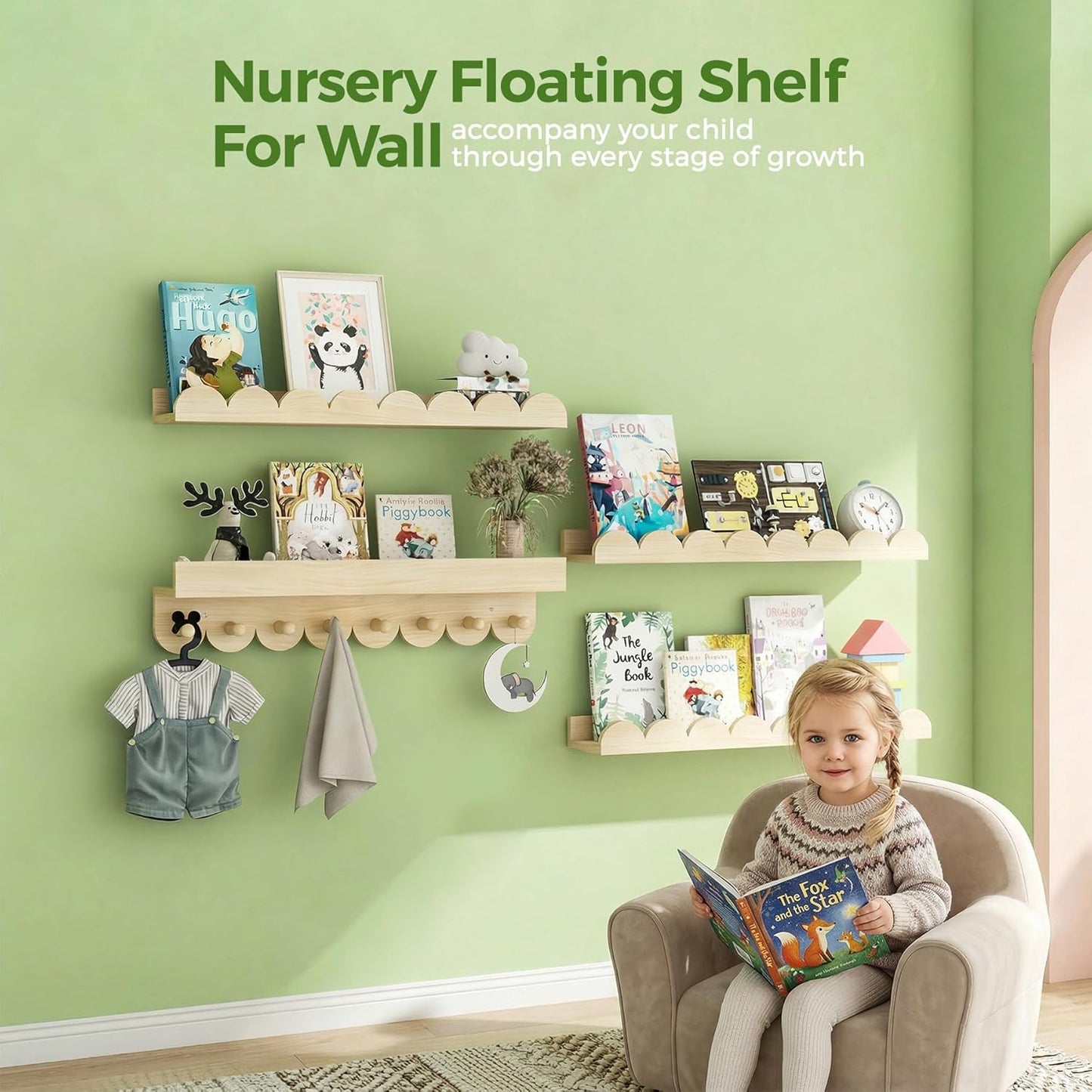 24 Inch Nursery Book Shelves with Hooks, 4-Pack Floating Shelves for Wall, Scalloped Shelves, Wall Book Shelves for Kids Room, Toddler Room, Baby Room, Nursery Decor