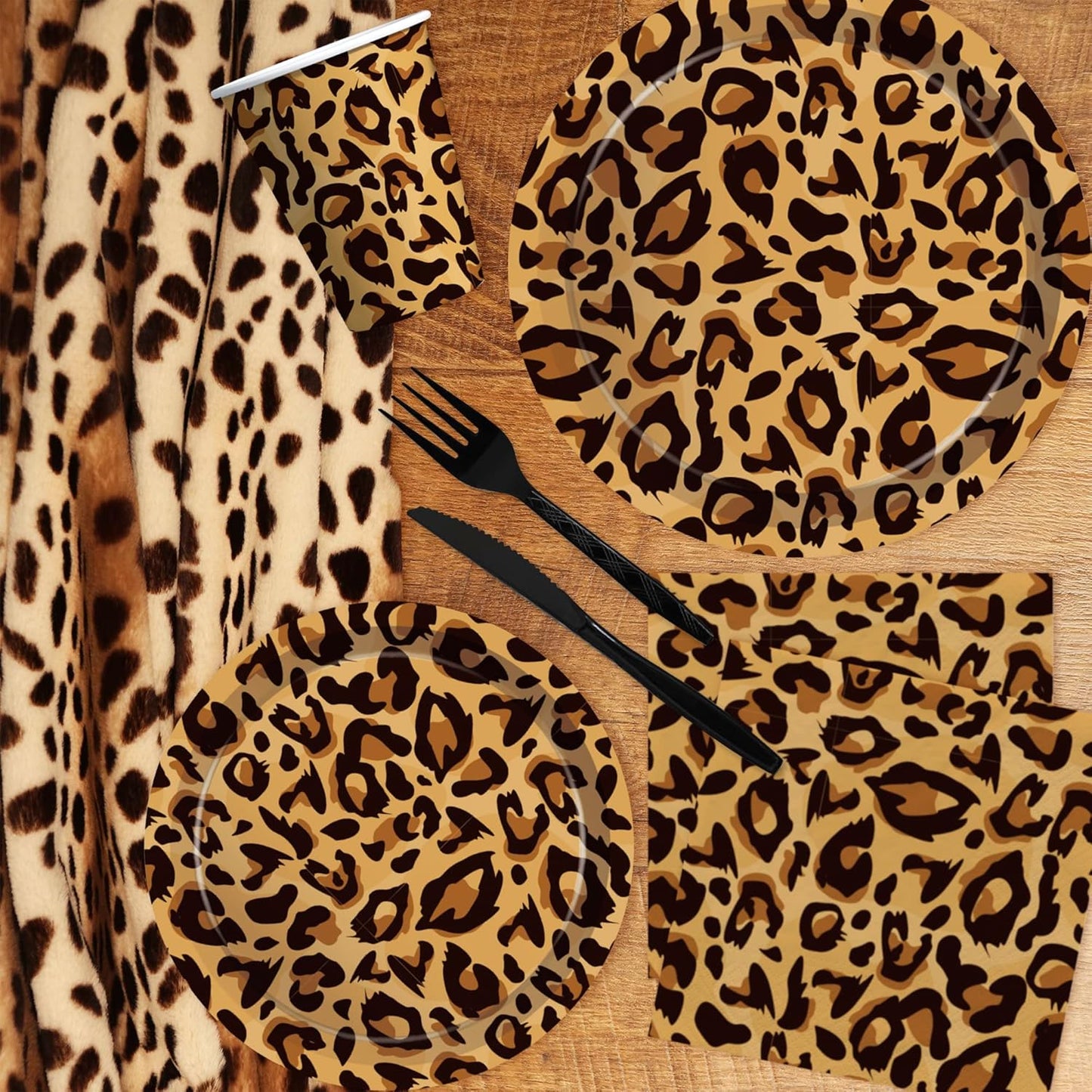 Leopard Print Party Supplies - Cheetah Print Party Decorations Tableware, Plate, Cup, Napkin, Tablecloth, Cutlery, Safari Animal Leopard Theme Birthday Baby Shower Party Supplies | Serve 24
