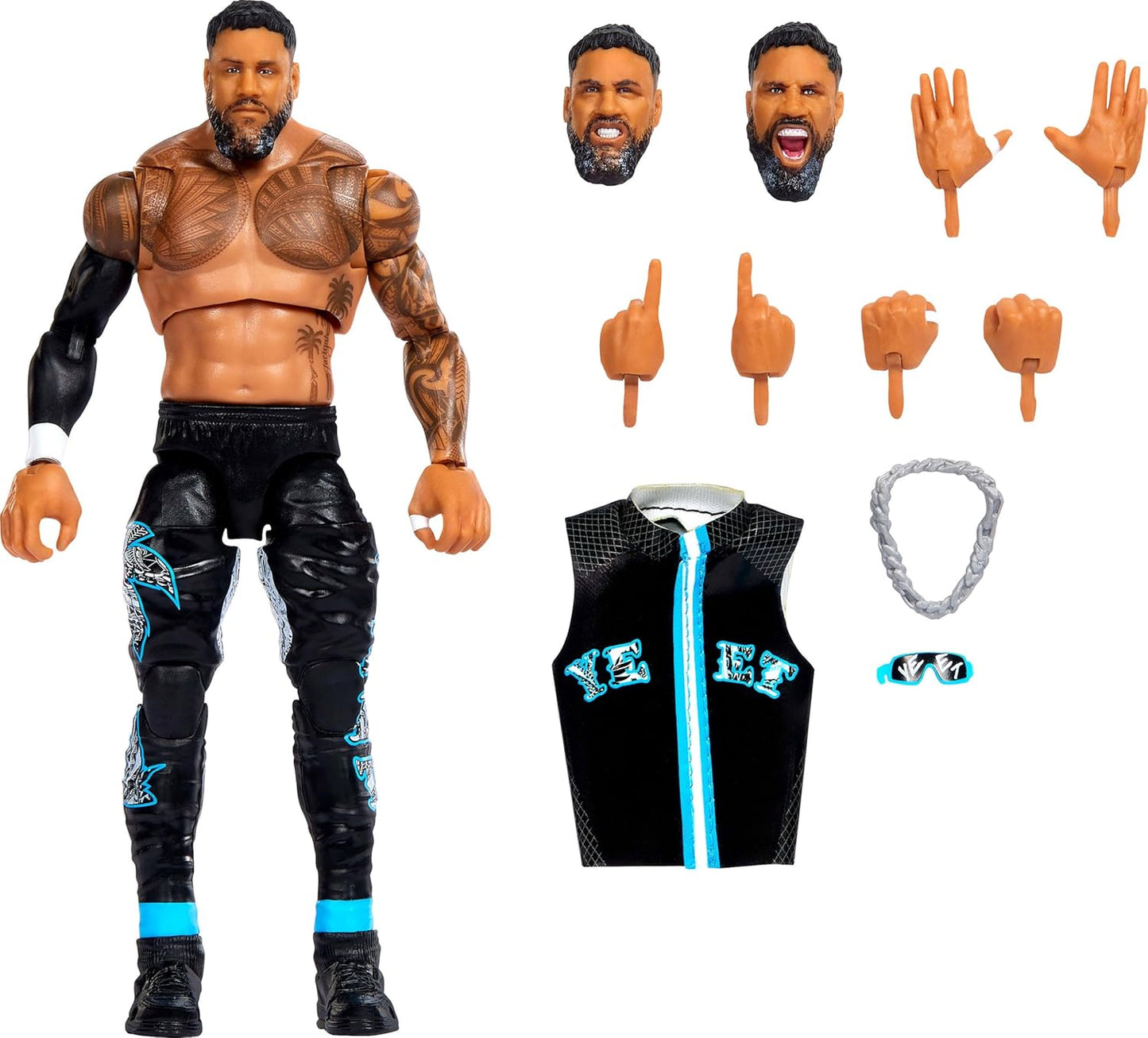 Mattel WWE Ultimate Edition Action Figure & Accessories Set, Jey USO 6-inch Collectible with Swappable Heads & Hands, 30 Articulation Points