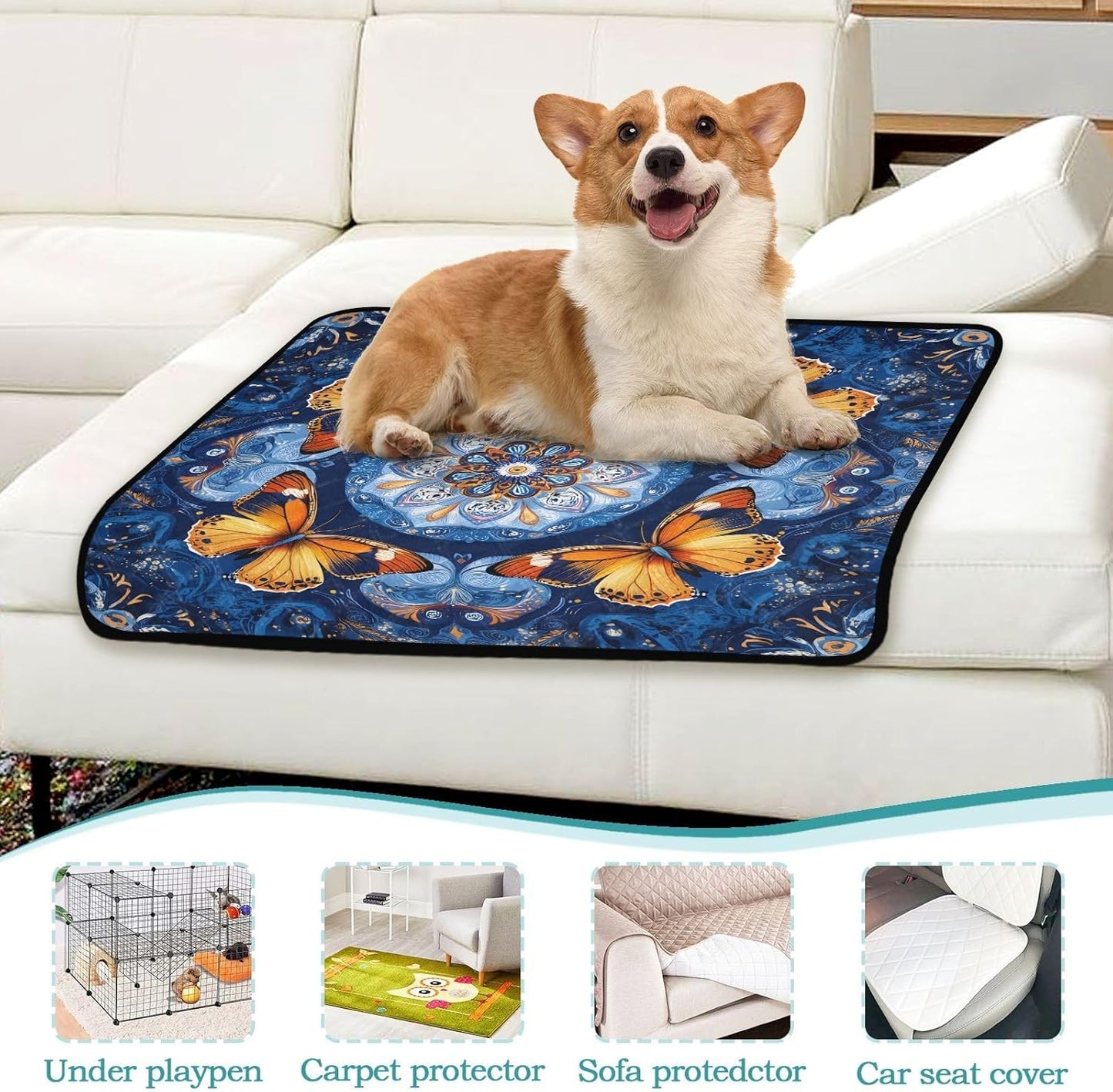 Washable Pee Pads for Pets Yellow Butterfly Blue Mandala Reusable Cats and Dogs Mats