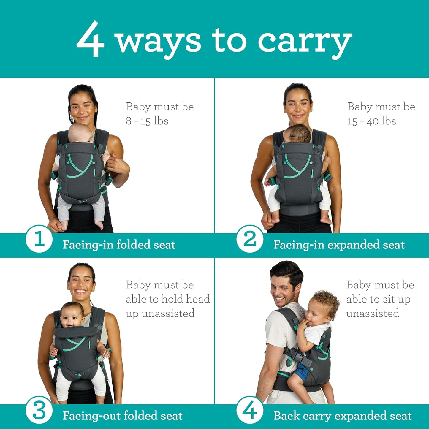 Infantino Carry On Active Baby Carrier, Ergonomic Multi-Pocket Baby Carrier for Newborn to Toddler 8-40 lbs with Padded Straps, Lumbar Belt Storage & Pacifier Loop, Registry Essential, Gray