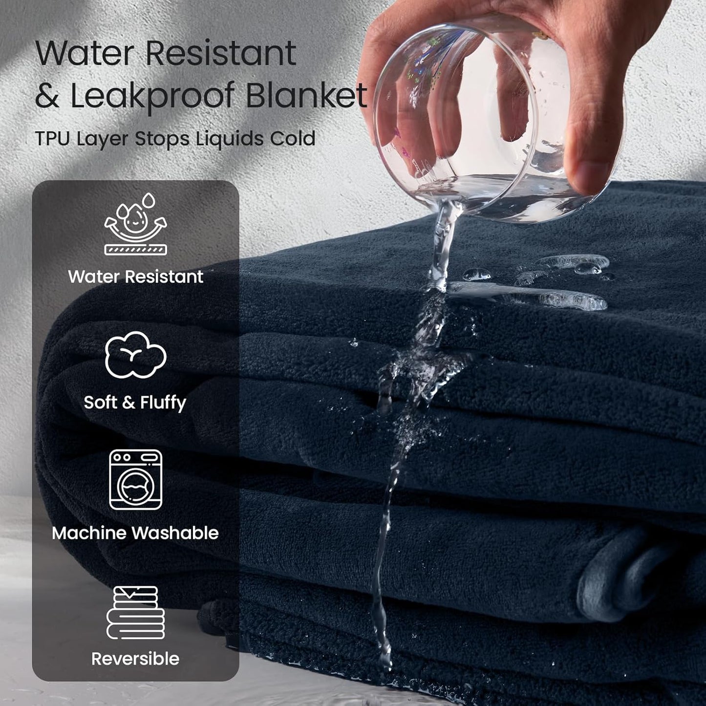 LOOBANI Waterproof Throw Blanket for Couch: Reversible Leakproof Couch Blanket 40" x 60", Soft Coral Fleece Bed Blanket Stain-Proof for Sofa Cover, Pet Accidents, Travel, Blue