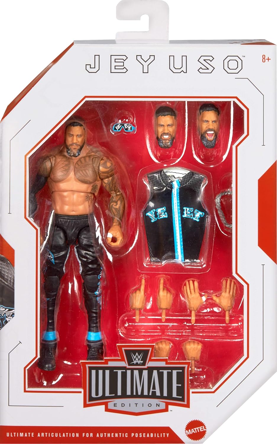 Mattel WWE Ultimate Edition Action Figure & Accessories Set, Jey USO 6-inch Collectible with Swappable Heads & Hands, 30 Articulation Points