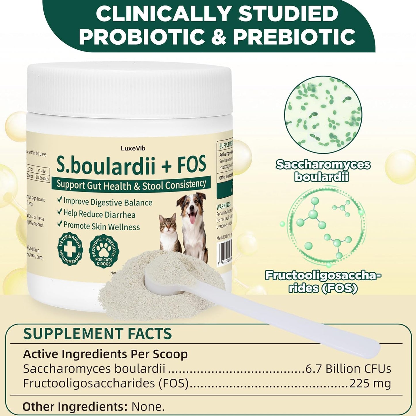 S.boulardii + FOS Pet Probiotic Powder for Dogs and Cats, 6.7 Billion CFU, Gut & Immune Support, Loose Stool & Digestive Upset Relief, Improves Stool Consistency, Skin Health, Veterinarian Recommended