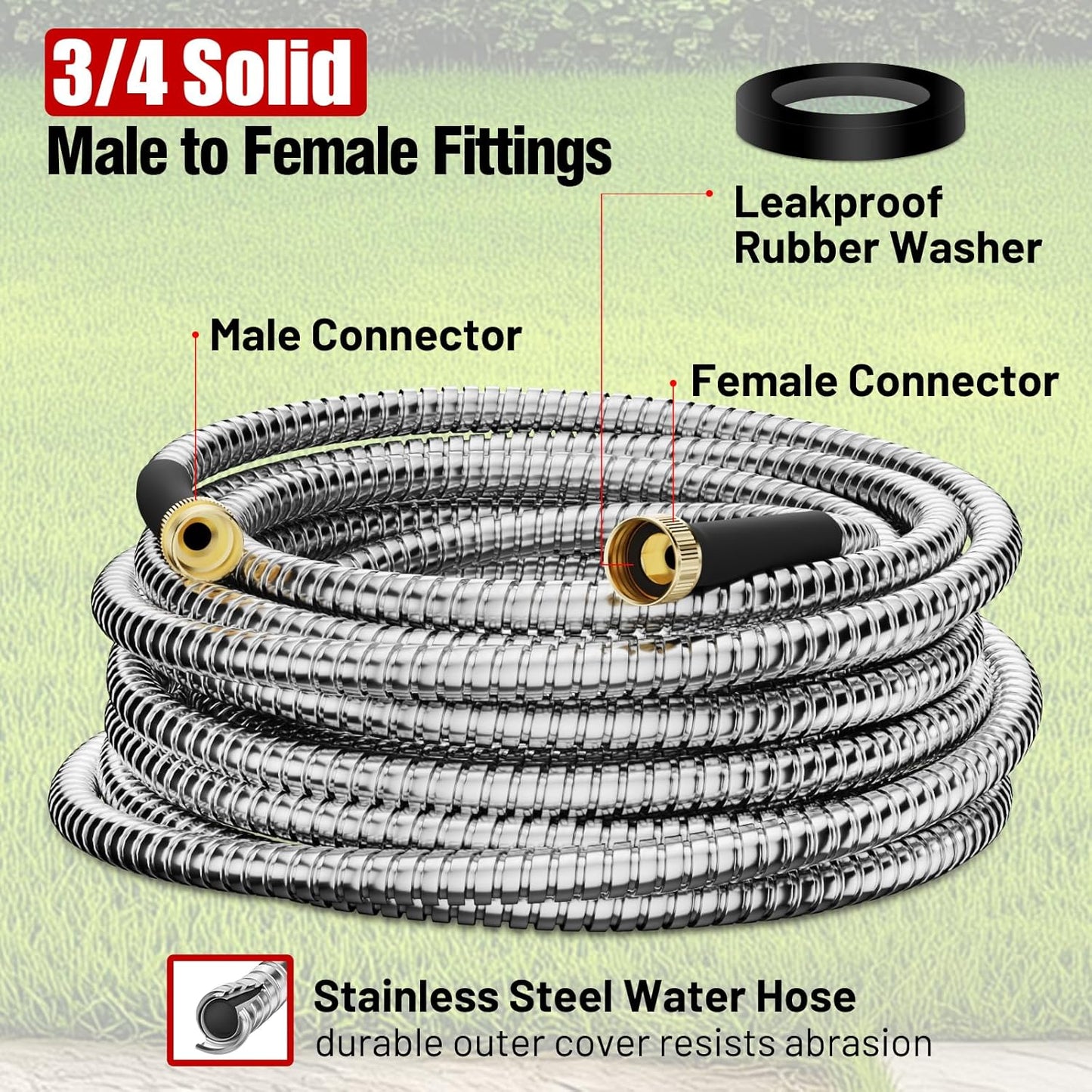 100 ft Garden Hose, Stainless Steel Metal Water Hose with Nozzle, Flexible and Durable, Rust Proof, No-Kink, Heavy Duty, Leakproof 3/4'' Brass Fittings, Lightweight Hose for Patio, Lawn