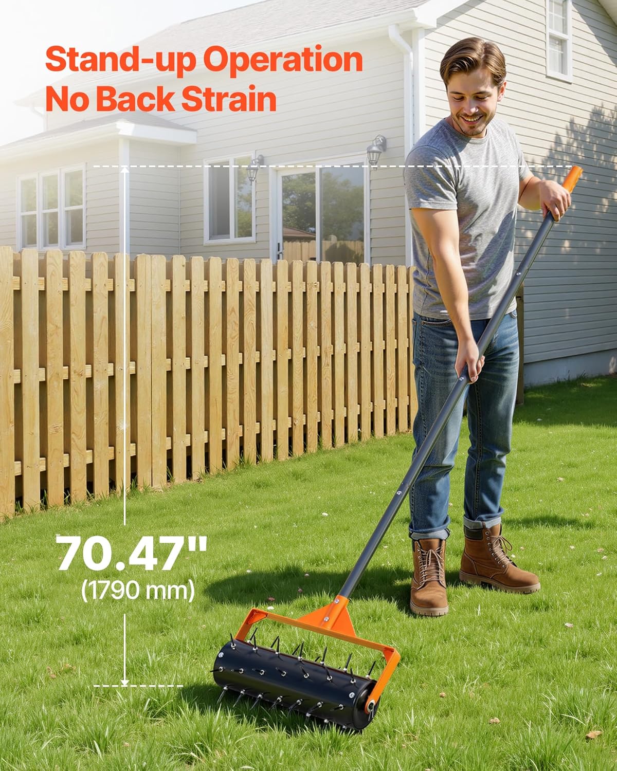 VEVOR Rolling Lawn Aerator, 15 in Manual Push Aerator Roller with 42 Spikes & 60 in Long Handle, Fillable Drum for Added Weight, Heavy-Duty Lawn Soil Penetrator for Garden Yard Compacted Soils