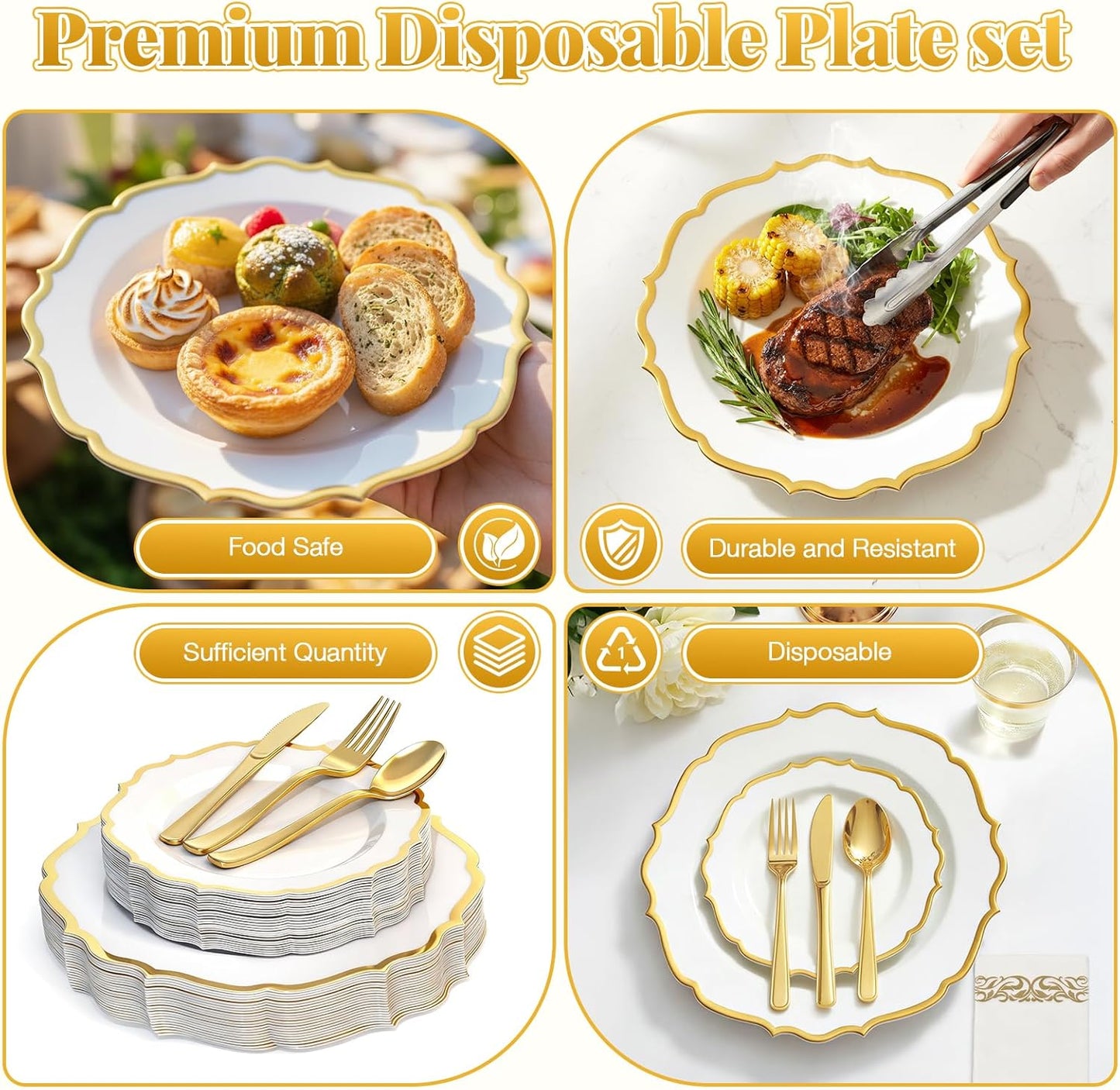 175 Plastic Dinnerware Set Gold Disposable Dinnerware Set for 25 Guests Include 50 Plastic Plates 25 Silverware Set 25 Cups and 25 Napkins for Easter Party Wedding Birthday