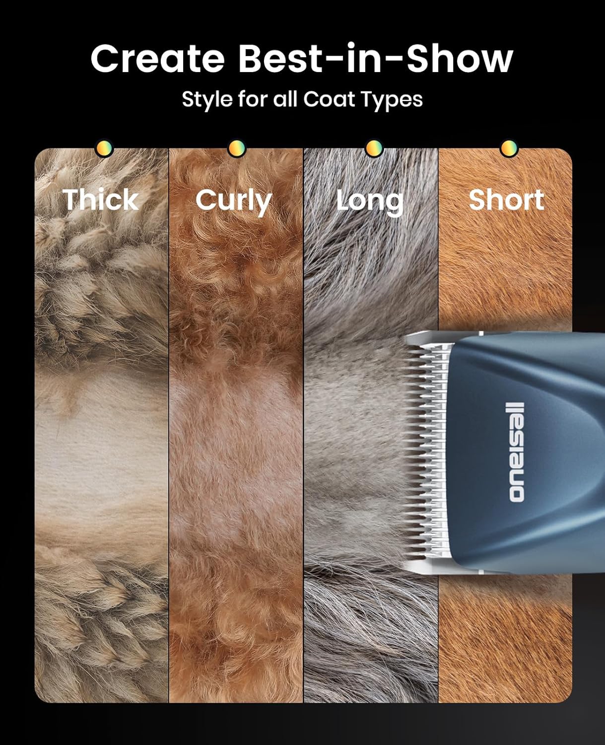 oneisall Cordless Professional Dog Grooming Clippers, 2-Speed Dog Clippers for Grooming Heavy Duty/Thick Hair, Detachable Carbonized Steel Blade Metal Combs, Removable Battery(Blue)