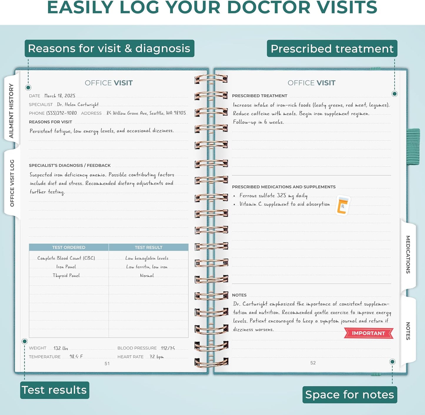 Clever Fox Personal Health Record Keeper – Medical Care Planner – Wellness & Medication Tracker Journal for Patients – Organizer Notebook, Daily Tracking Log Book & Appointment Diary (Aquamarine)