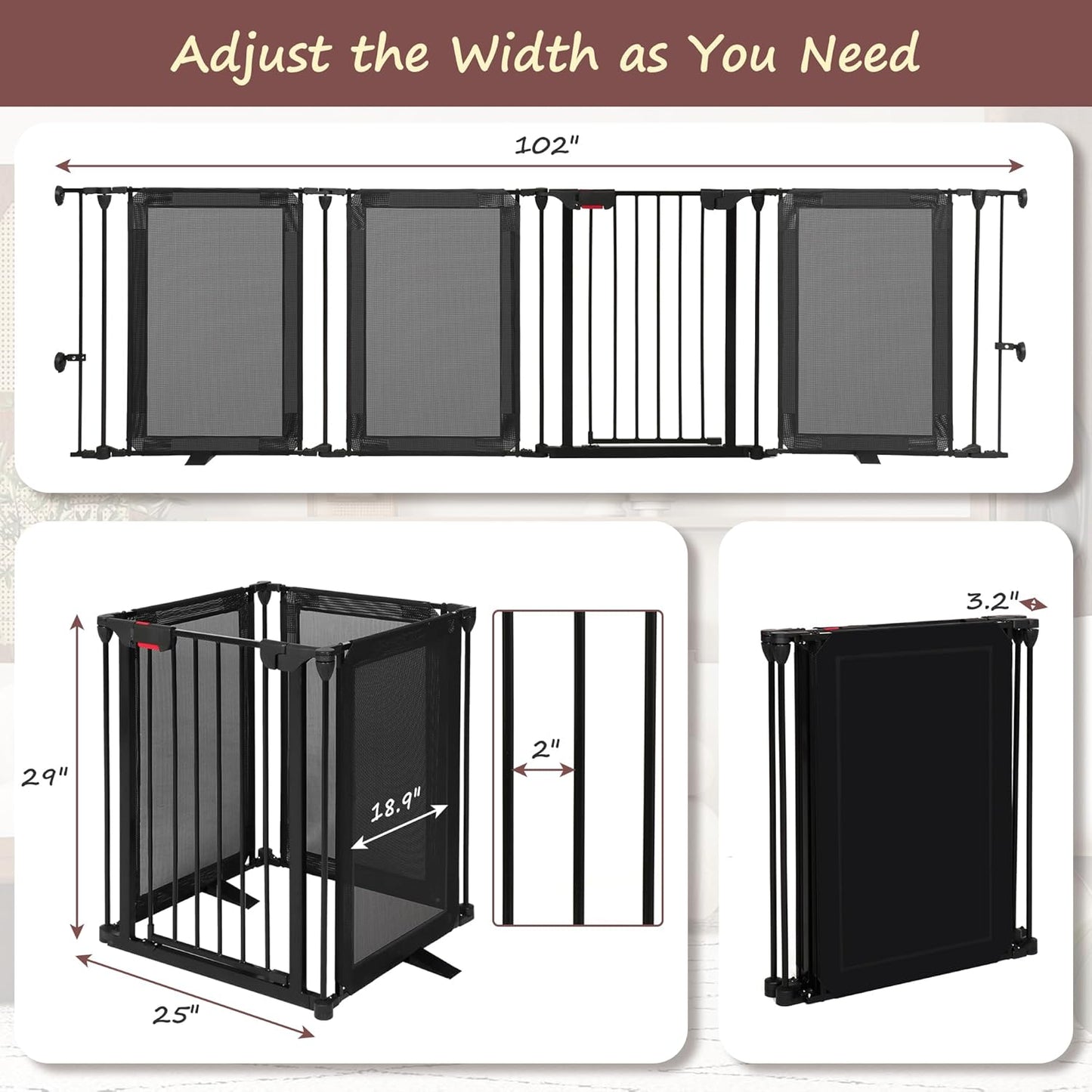 Freestanding Dog Gate, 100" Extra Wide Pet Gate with Auto-Close Door, Foldable Grip-Resistant Dog Fence for Indoor/Outdoor, 29" Tall Pet Barrier for Stairs/Doorways/Fireplace (4 Panels, Black)