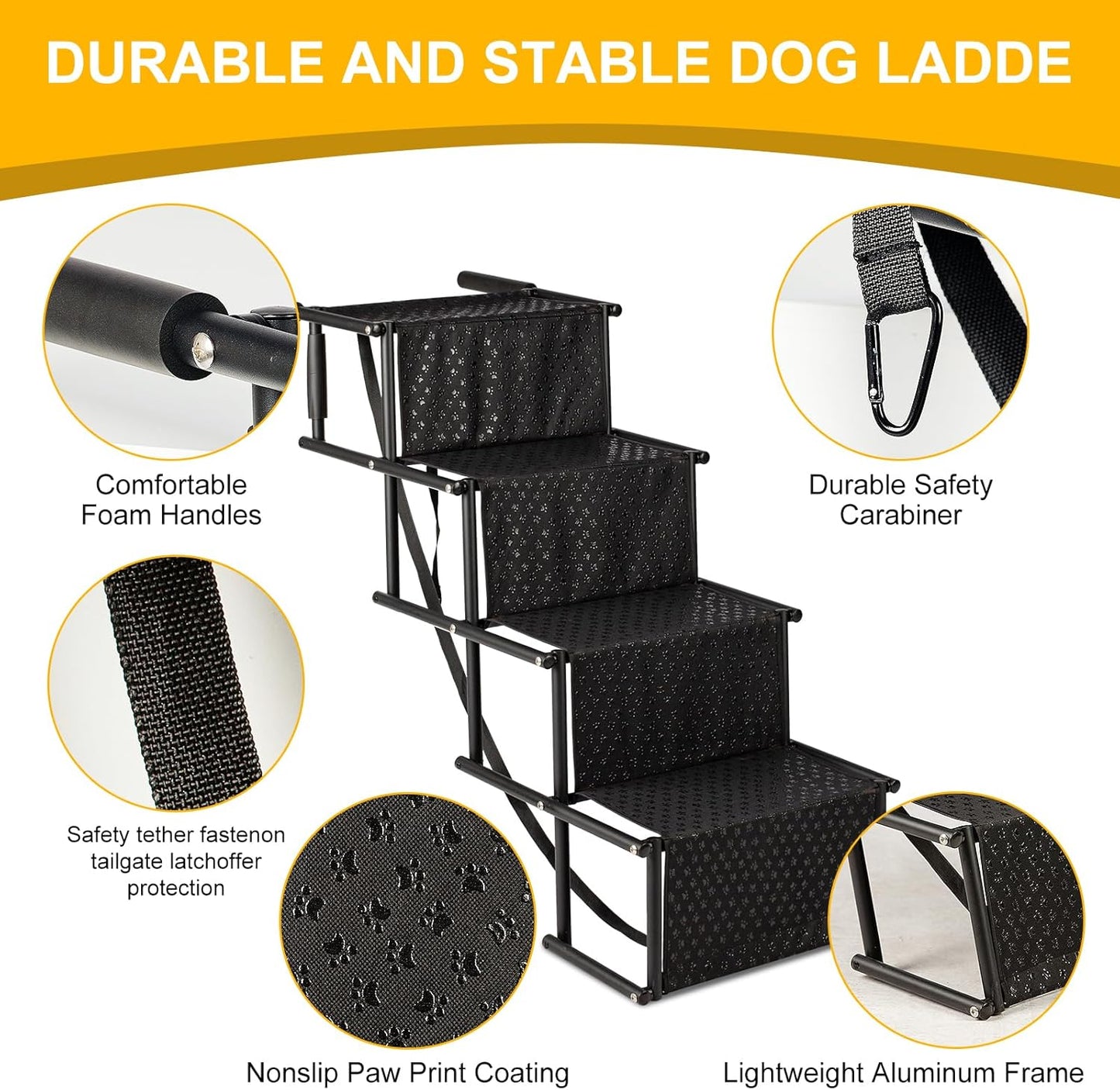 Dog Stairs for Car, Foldable Ramps for Dogs with Non-Slip Surface for Large Dogs Portable Dog Steps for Cars and SUV, Truck to 200 lbs, 4 Steps