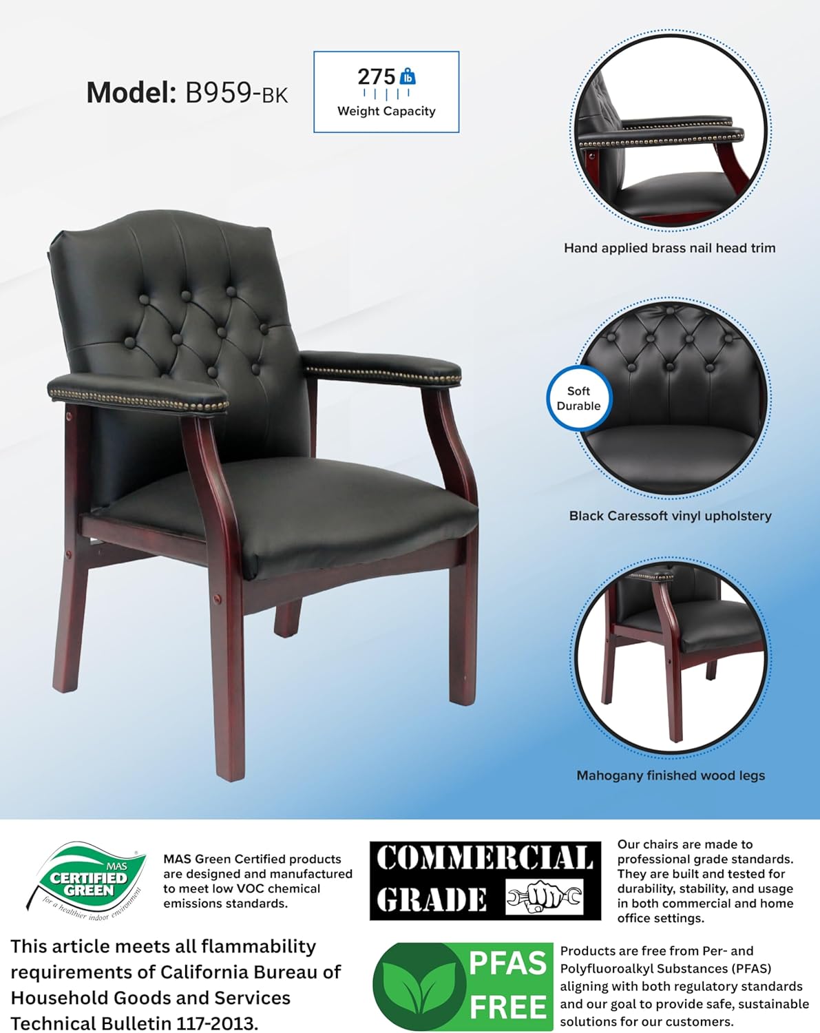 Boss Office Products Traditional Caressoft Vinyl Guest Chair with Mahogany Finish Wood Base, Black