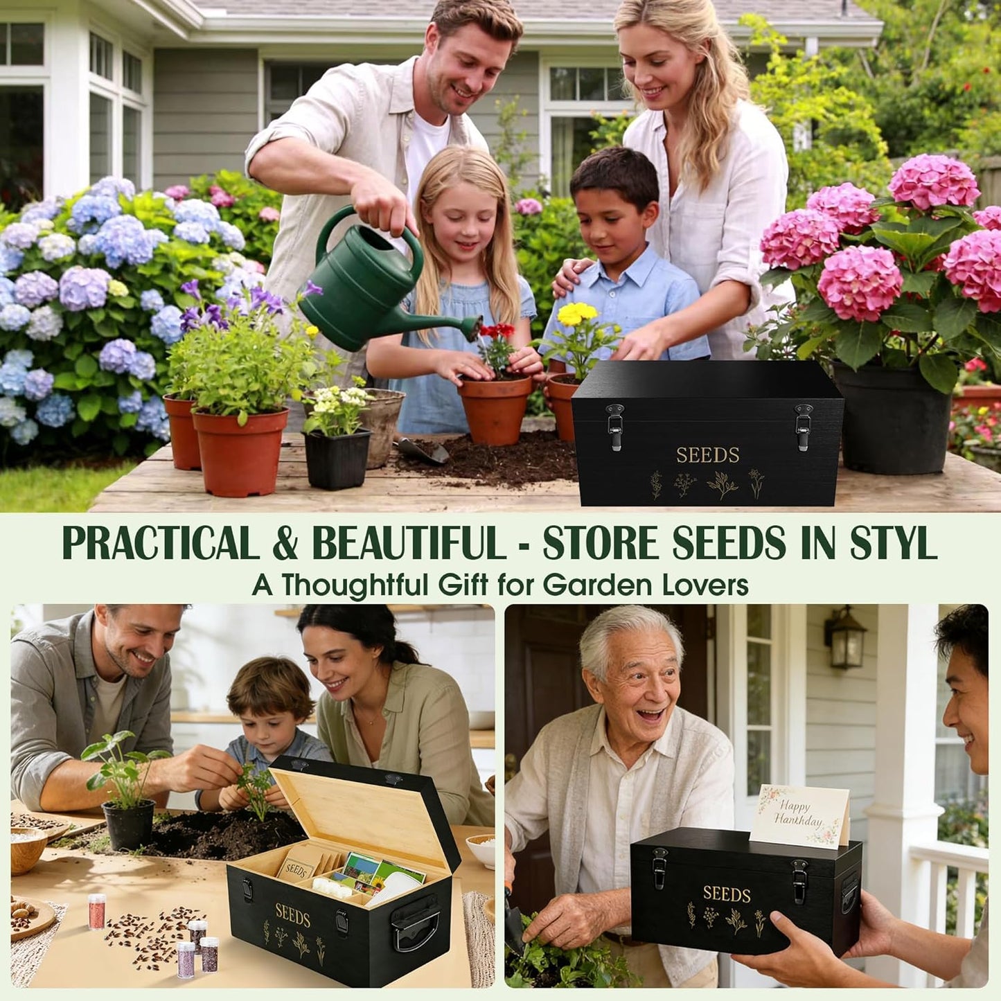 Bamboo Seed Storage Organizer, Large Garden Seed Organizer with Lid & Safety Lock & Handles, Seed Box Storage Organizer Includes Seed Envelopes and Labels etc, Great Gifts Gardening Kit (Black)