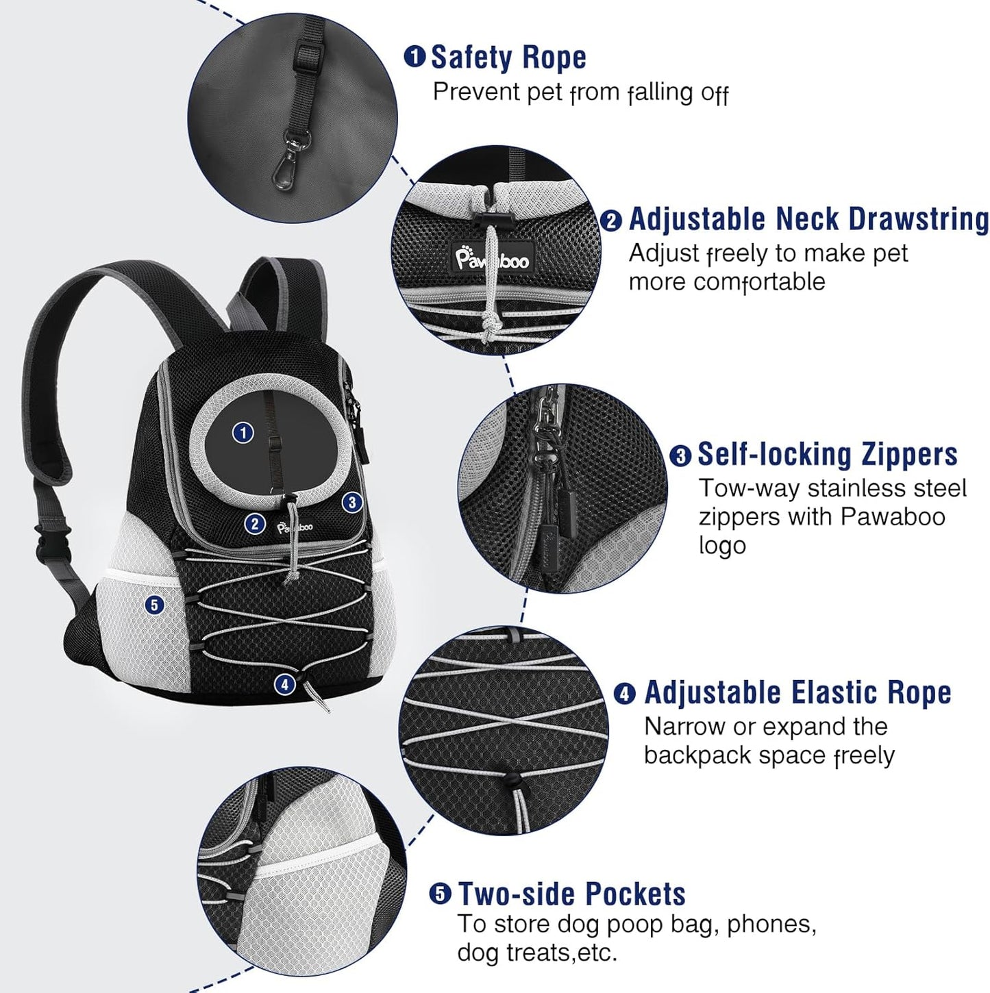 Pawaboo Pet Dog Carrier Backpack, Puppy Dog Travel Front Carrier for Small Medium Dogs Cats, Adjustable Breathable Dog Carrying Backpack with Safety Strips for Hiking, Walking (Black S Up to 5 lbs)
