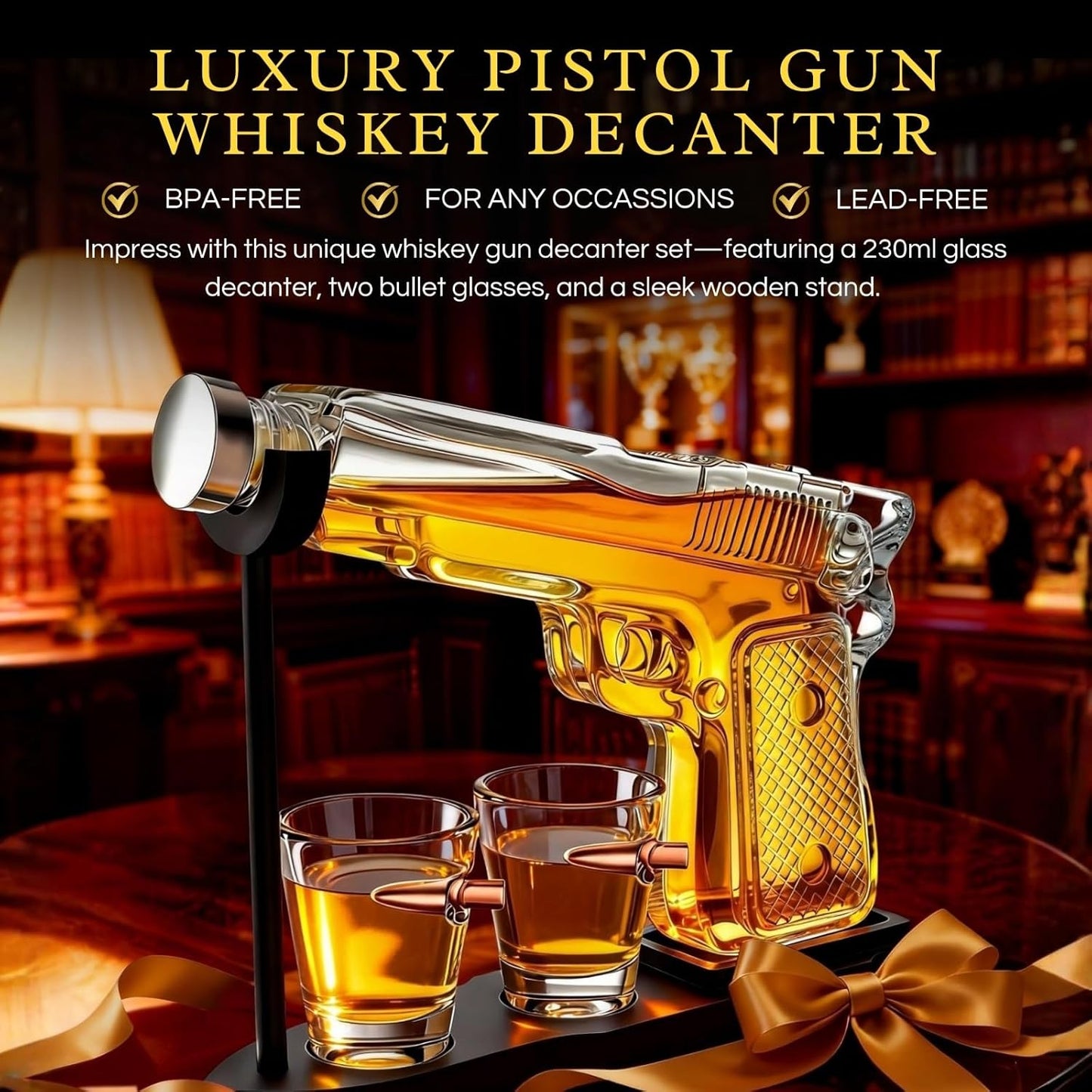 Whiskey Gun Decanter Set + 2 Bullet Glasses - Birthday Pistol Gifts for Men, Boyfriends Who Have Everything, Whiskey Gifts for Dad, Father, Husband, Boyfriend & Military Enthusiasts, Liquor Dispenser