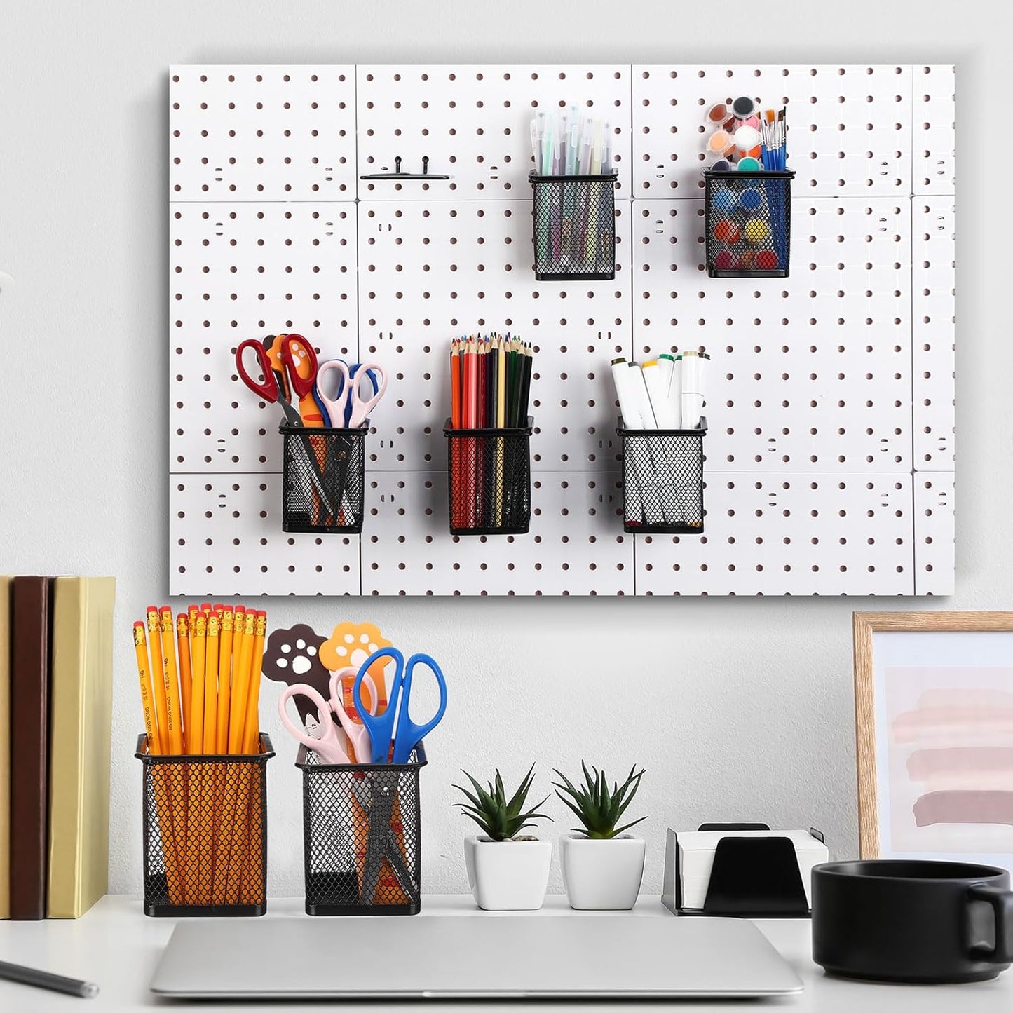 6 Sets Pegboard Cups with Hooks Pegboard Pencil Holder Bin Organizer Black Square Peg Board Accessories Metal Pencil Holder Cup for Home Office Workbench Craft Room Workshop Garage Tool