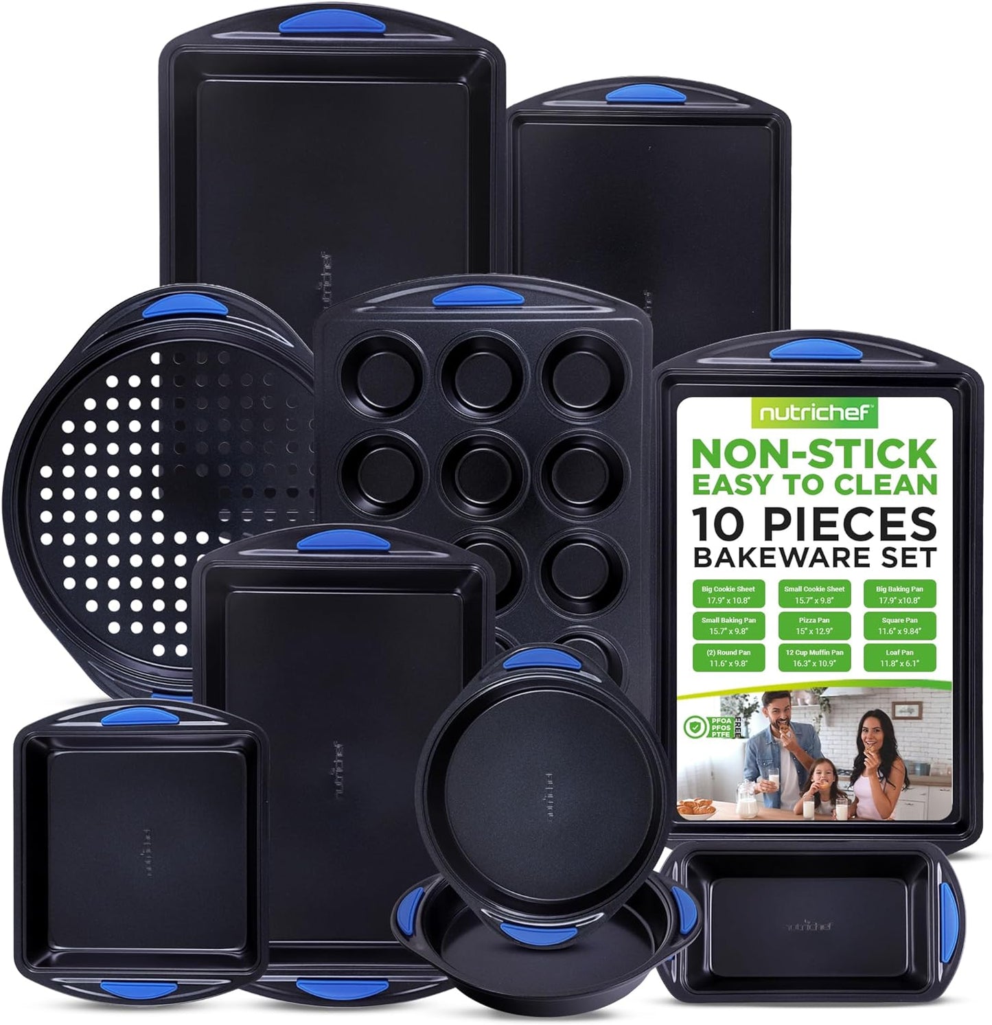 NutriChef 10-Piece Nonstick Bakeware Set - Heavy Duty Carbon Steel Baking Trays w/Silicone Handles - Includes Cookie Sheets, 12-Cup Muffin Pan, Pizza & Loaf Pan, Round & Square Pans - Easy to Clean