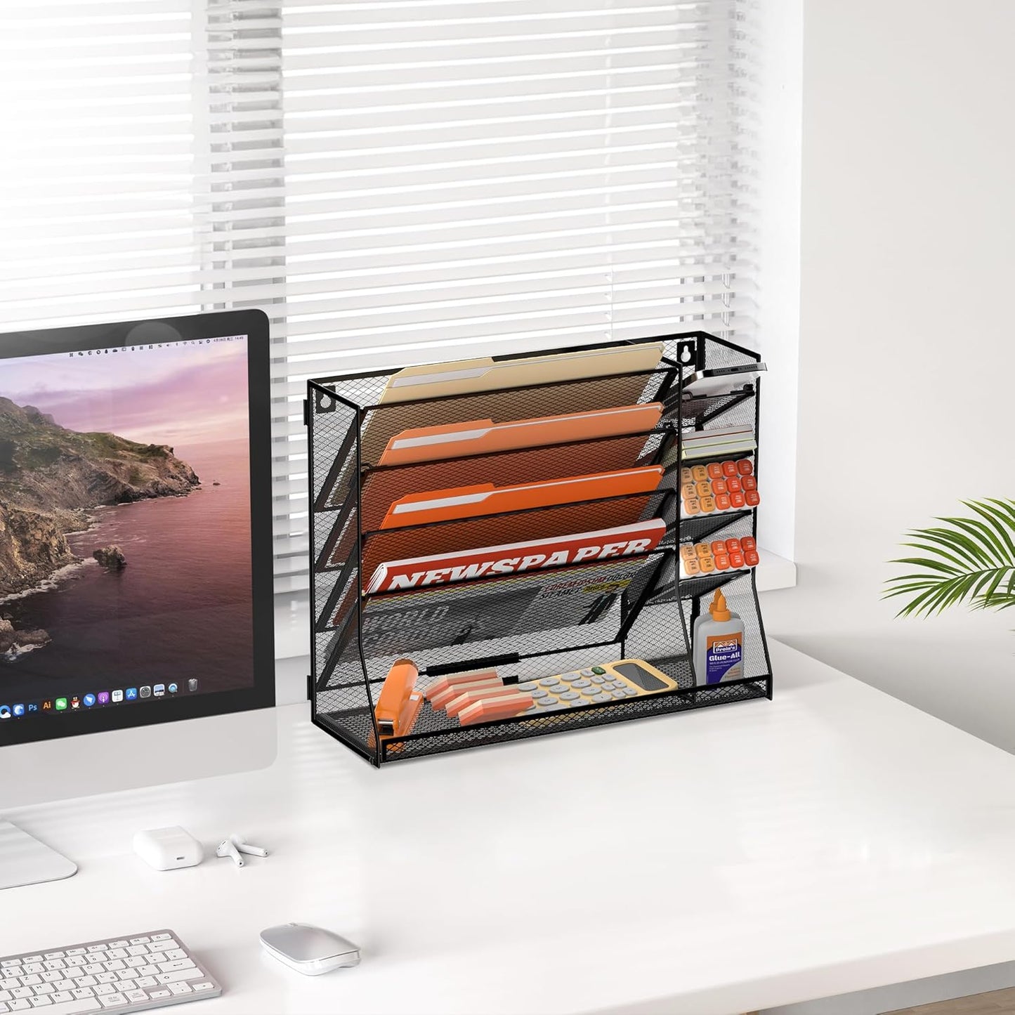 SUPEASY Wall File Organizer, 5-Tier office wall organizer with 4 Pen Holders, Wall Organizer for Office with R-shaped Bottom Tray, Metal Desk Organizer for Office, School, Home, Black