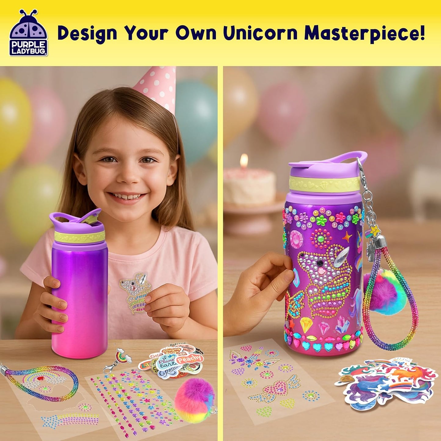 PURPLE LADYBUG Decorate Your Own Water Bottle Kit for Girls - Easter Gifts for Kids Gifts for Ages 5 6 7 8 9 10 Year Old Girl Birthday, Unicorn Toys Crafts Kids Ages 6-12