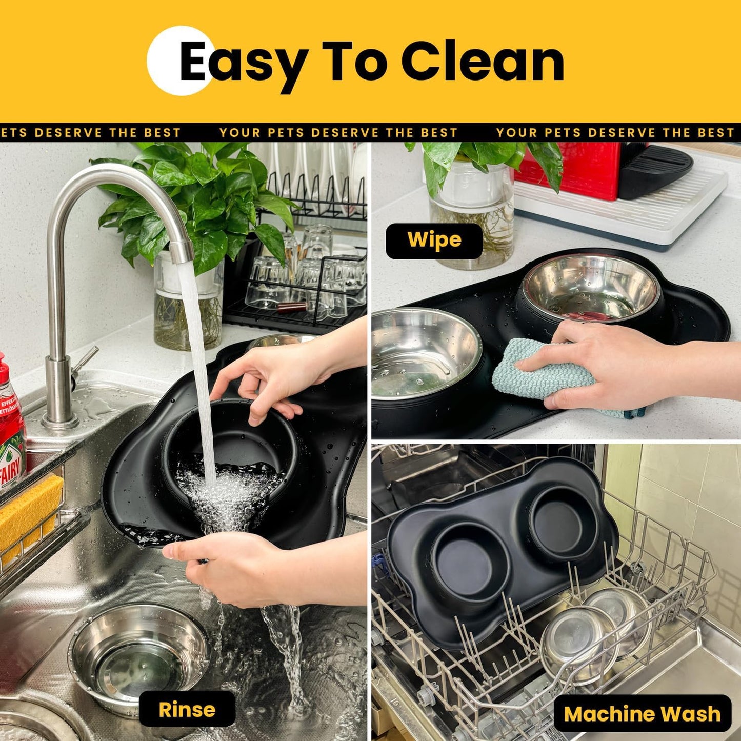 Dog Bowls with Non-Slip Silicone Mat, Spill Proof Large Food & Water Bowls Set, Easy Clean Dog Food Dish, Dishwasher Safe, Suitable for Dogs Cats Pet Under 90lbs, Large, Black