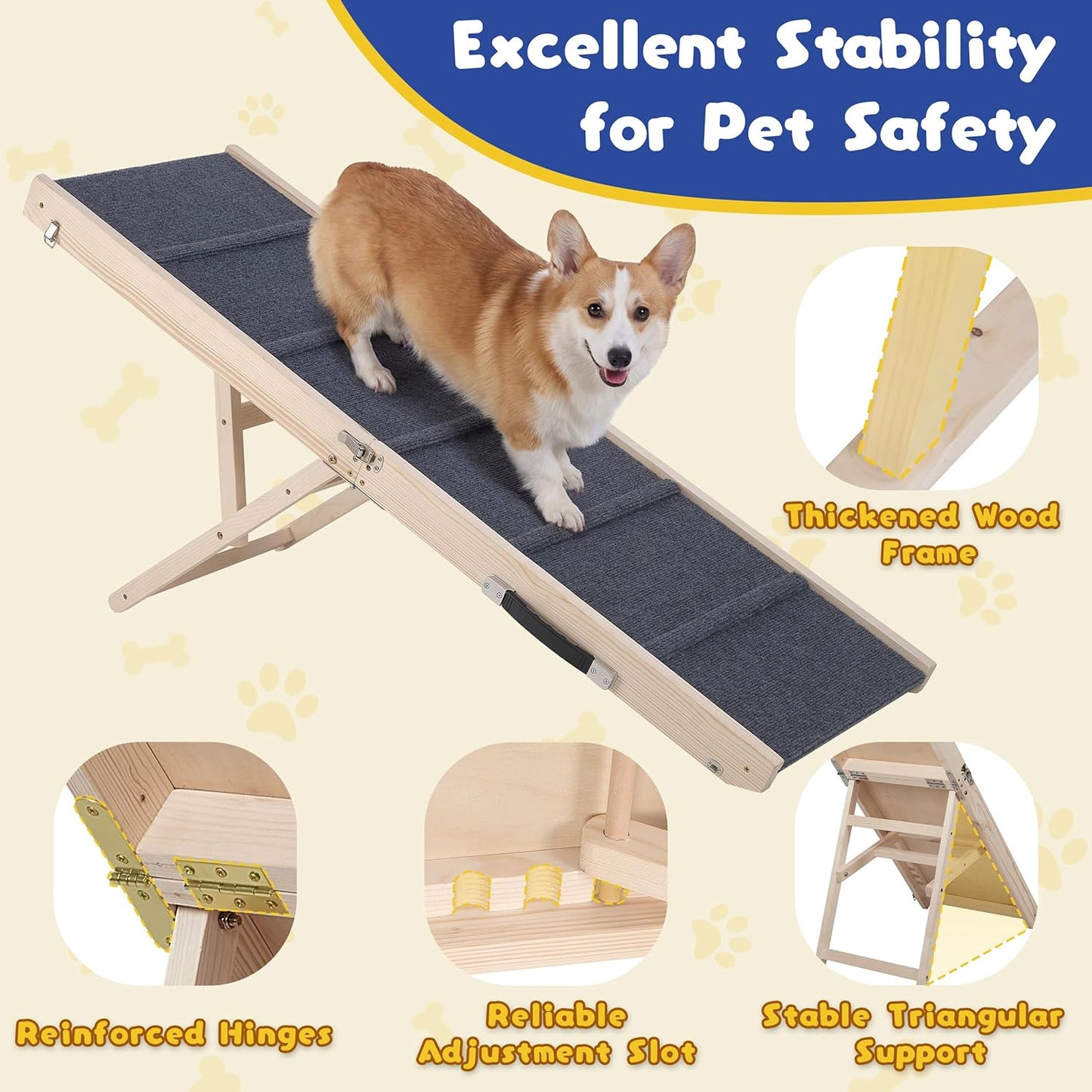 Dog Ramp for Bed & Couch - Extra 51.2" Long Adjustable Height 9.5" to 24" Wooden Non-Slip Pet Ramp, Portable Foldable Doggie Car Ramp for Small Medium Large Dogs, 200 LBS Load